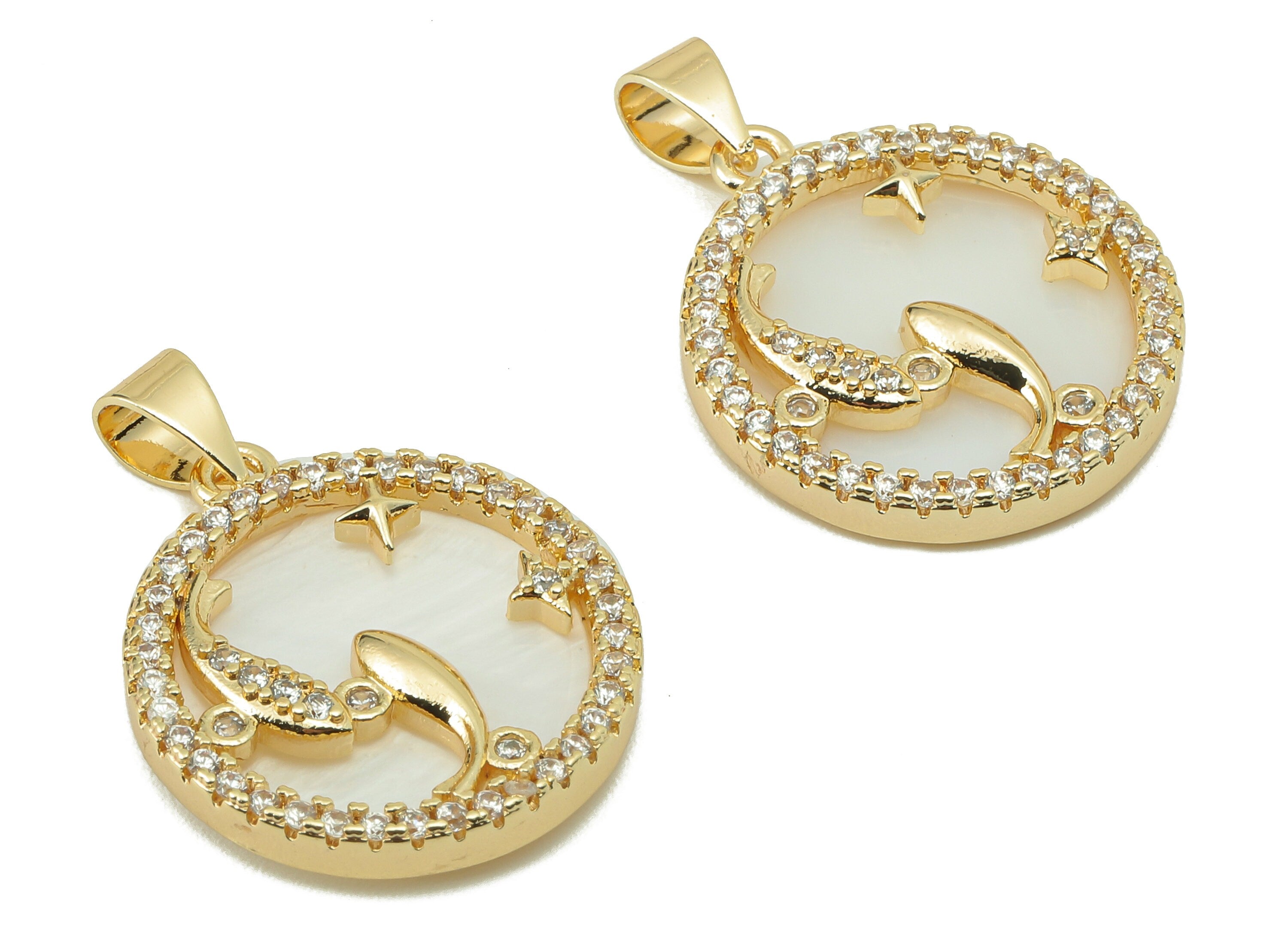 Brass Horoscope Zircon Round Pisces Charm - White Shell Zodiac Pendant With Loop -18K Real Gold Plating-25.64x 18.49x 2.89mm-RGP5887A - DOMEDBAZAAR