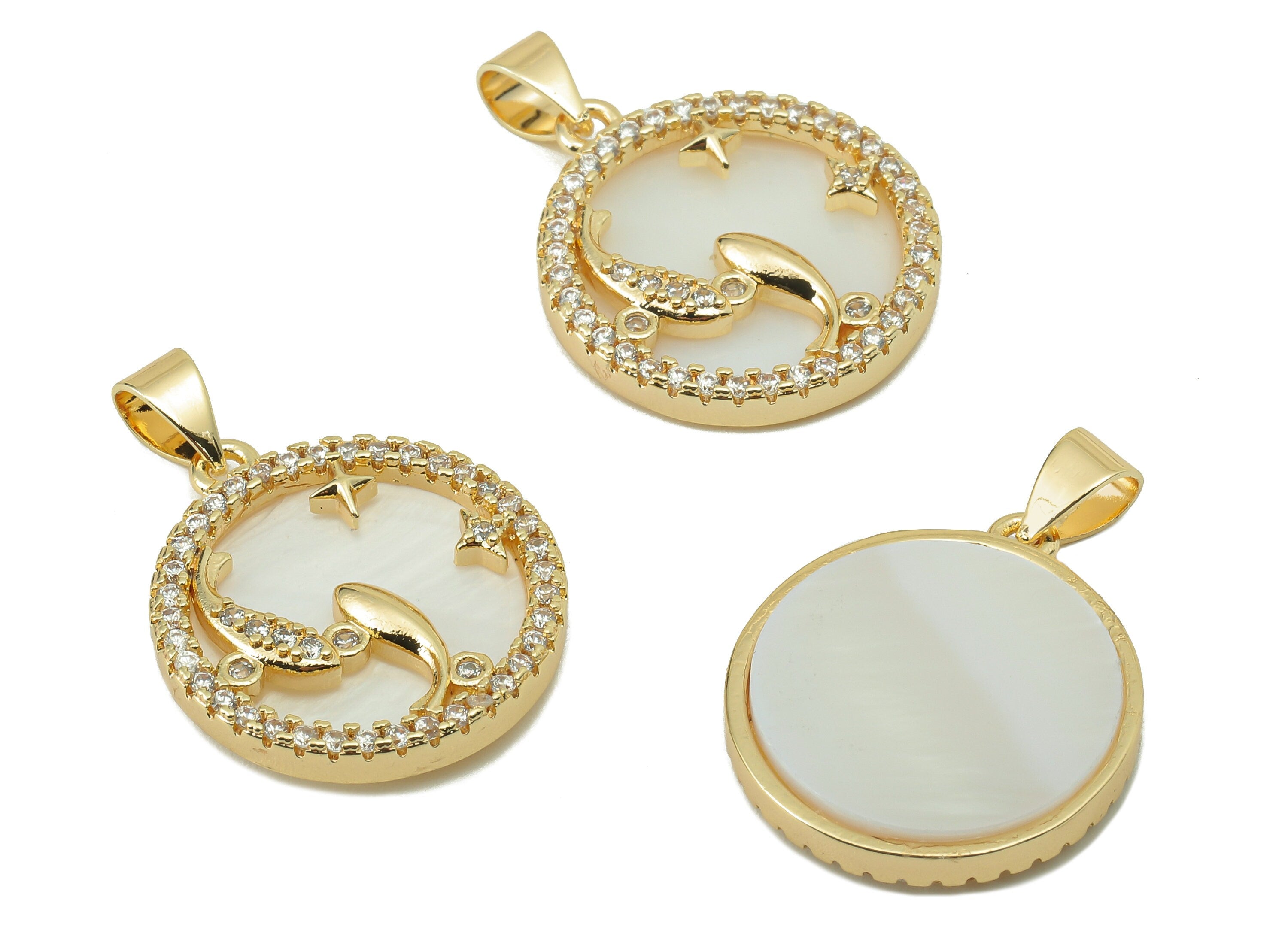 Brass Horoscope Zircon Round Pisces Charm - White Shell Zodiac Pendant With Loop -18K Real Gold Plating-25.64x 18.49x 2.89mm-RGP5887A - DOMEDBAZAAR