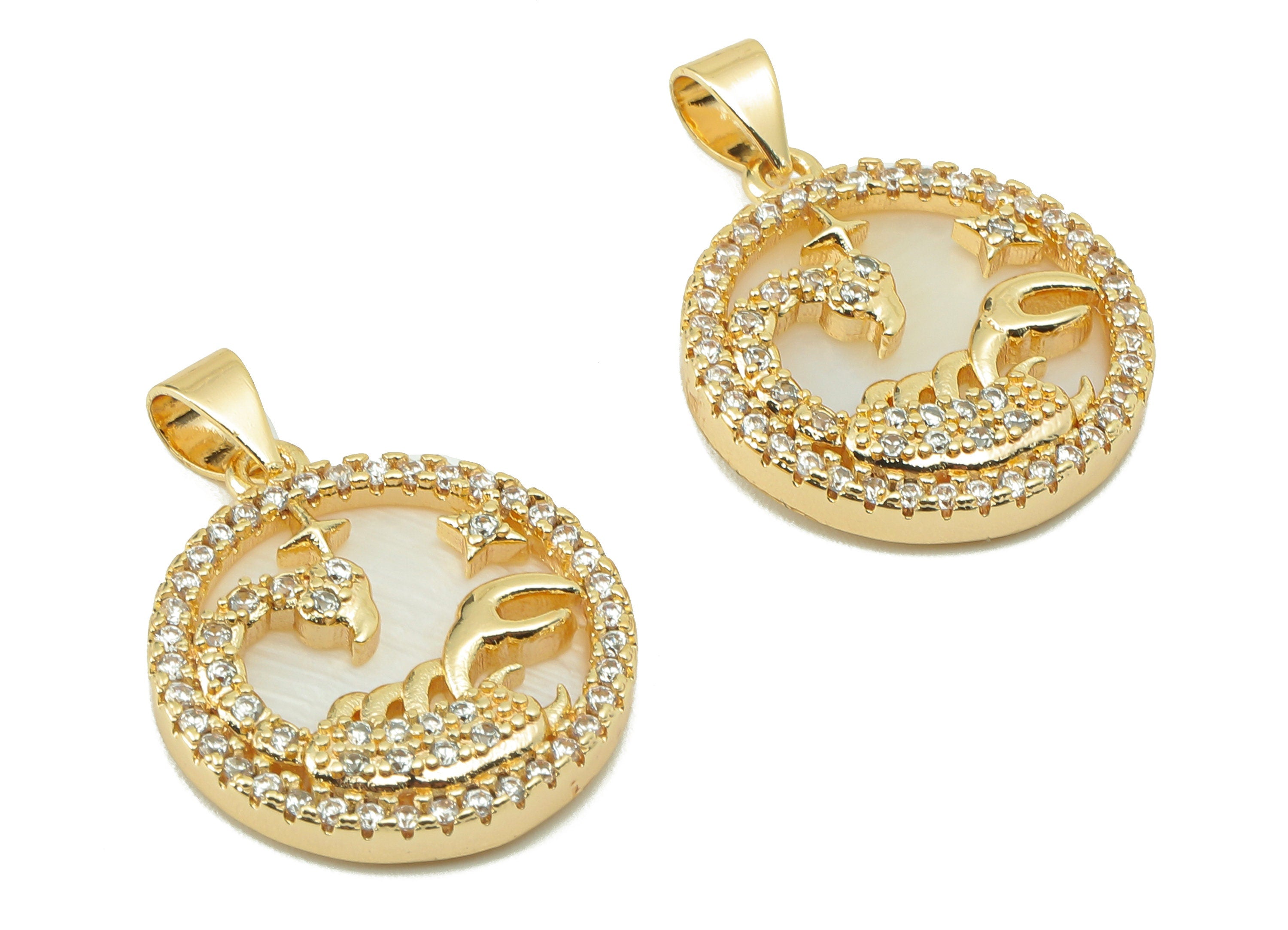 Brass Horoscope Zircon Round Scorpio Charm - White Shell Zodiac Pendant With Loop -18K Real Gold Plating-25.64x 18.49x 2.89mm-RGP5887B - DOMEDBAZAAR
