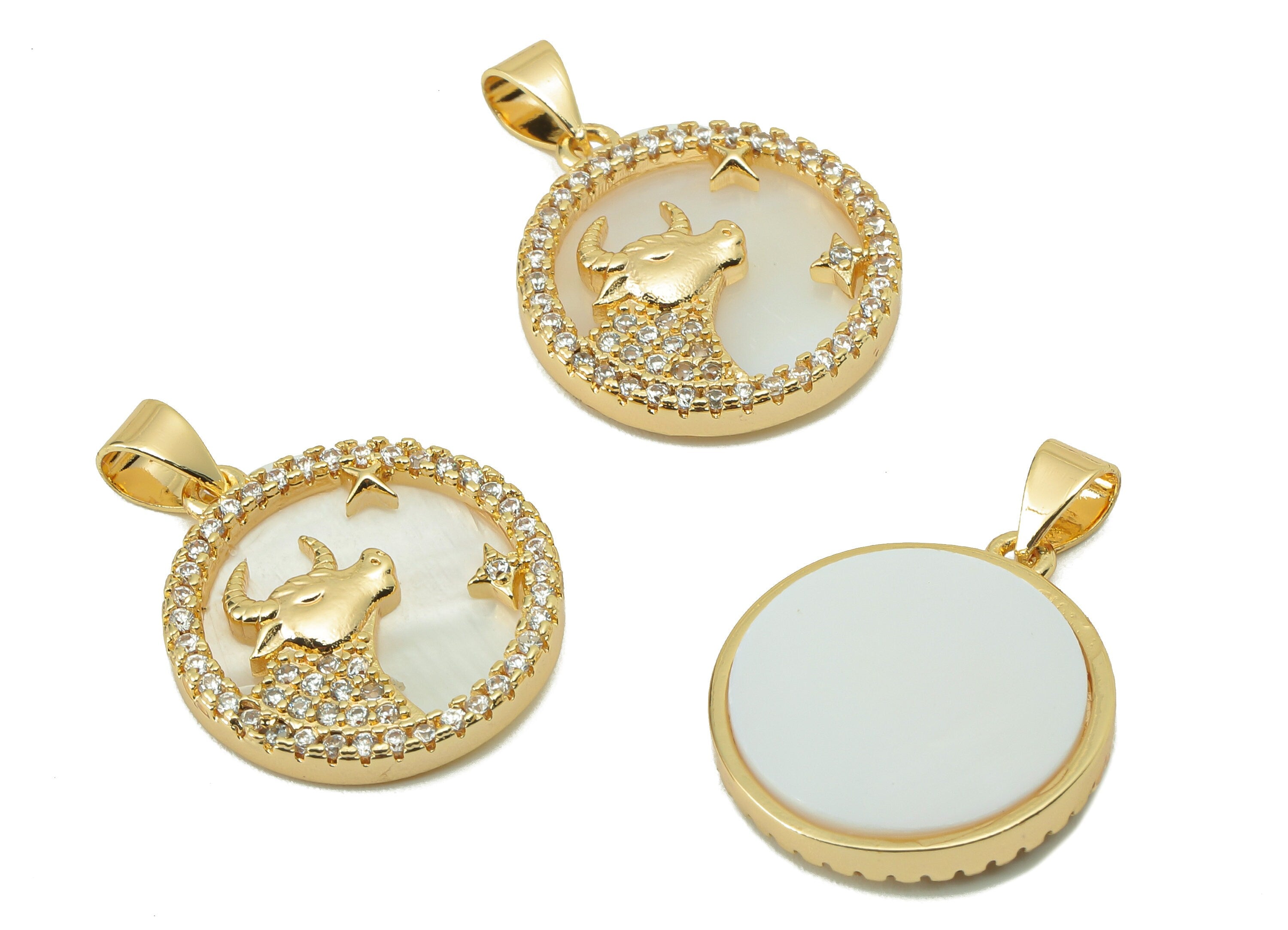 Brass Horoscope Zircon Round Taurus Charm - White Shell Zodiac Pendant With Loop -18K Real Gold Plating-25.64x 18.49x 2.89mm-RGP5887C - DOMEDBAZAAR