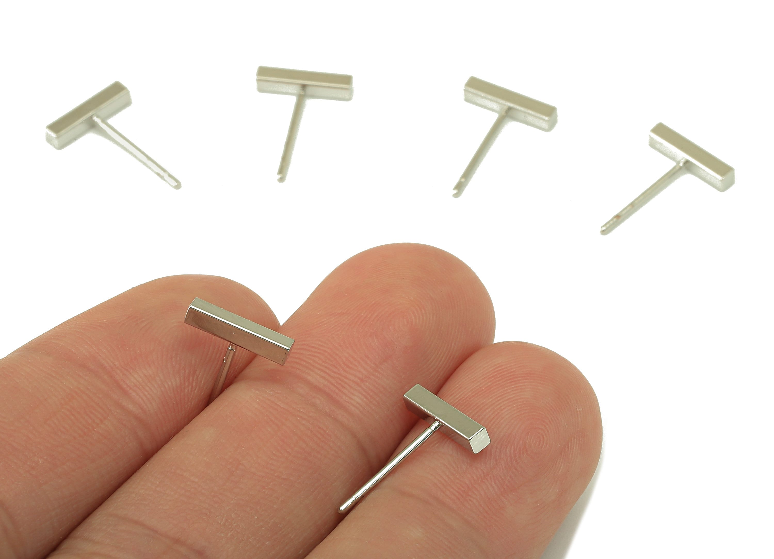 Silver Mini Bar Earring Stud - Geometric Earrings - T Letter Ear Stud- Flat Bar Post -18K Real White Gold Plated - 10x2x2mm-RGP5926S - DOMEDBAZAAR