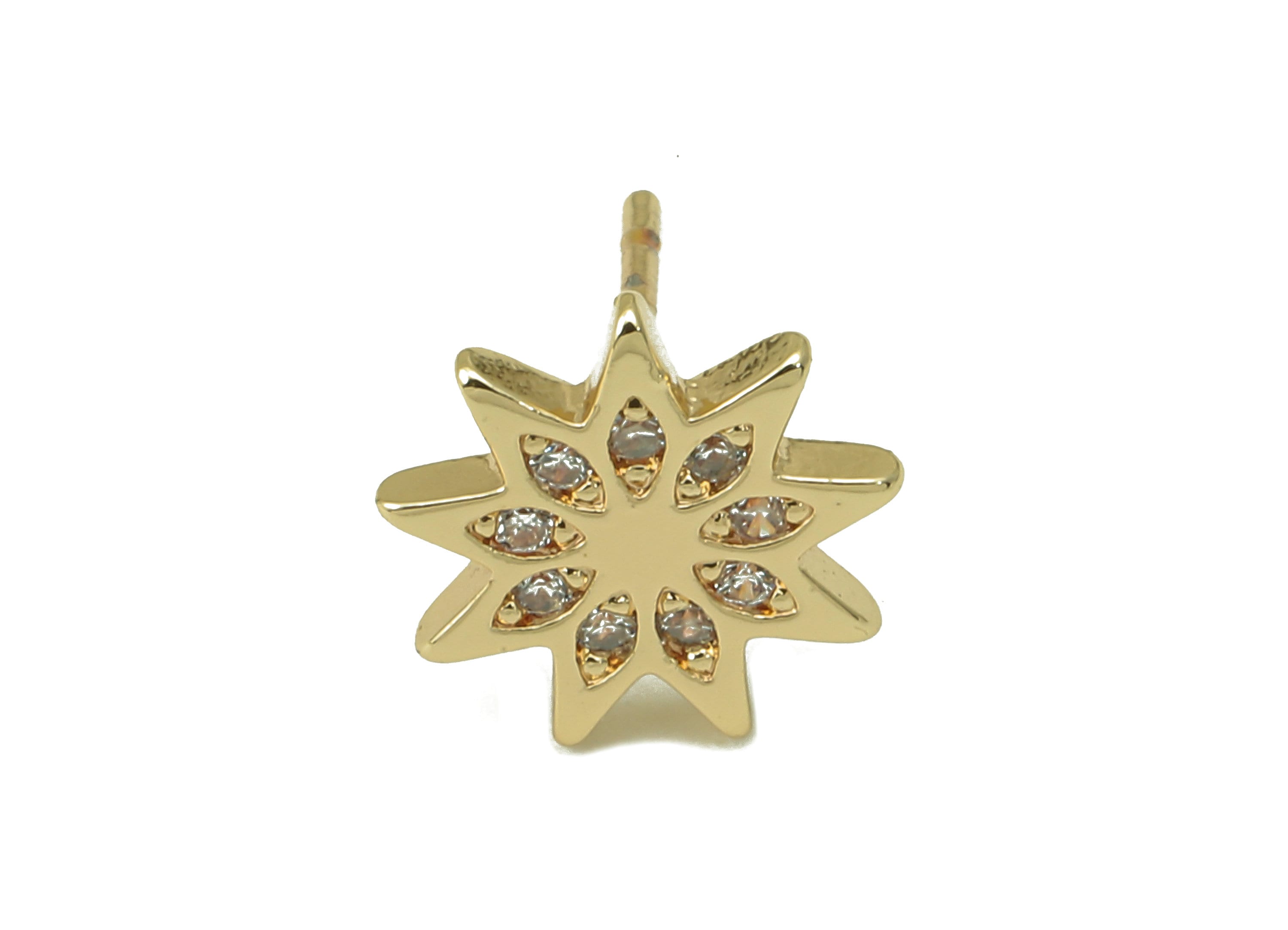 Brass Flower Earring Stud with Zircons -Star Steel Stud - Earring Post -18K Real Gold Plated - Jewelry Supplies-Findings-9x9x1.5mm-RGP5928G - DOMEDBAZAAR