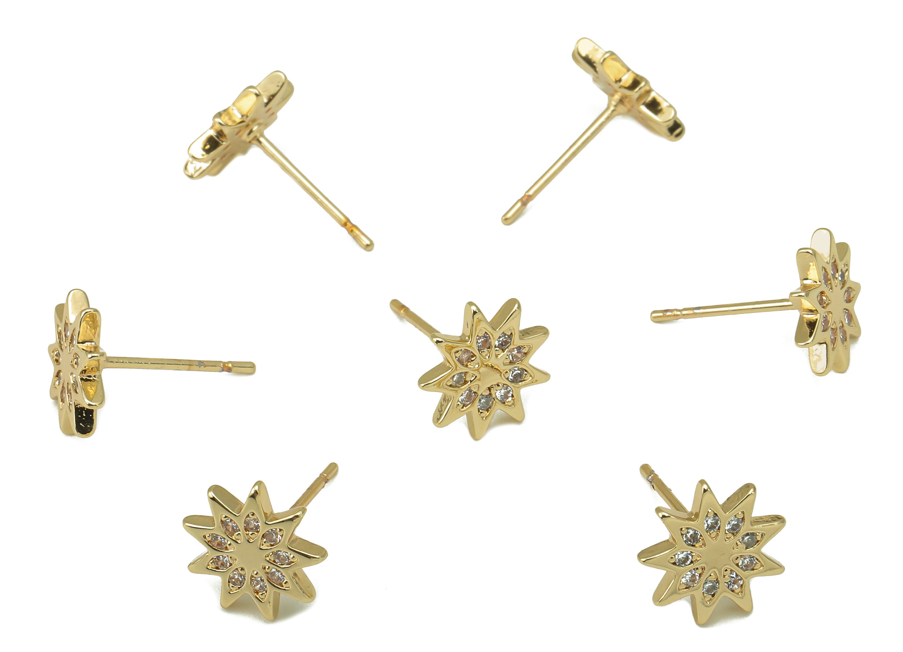 Brass Flower Earring Stud with Zircons -Star Steel Stud - Earring Post -18K Real Gold Plated - Jewelry Supplies-Findings-9x9x1.5mm-RGP5928G - DOMEDBAZAAR