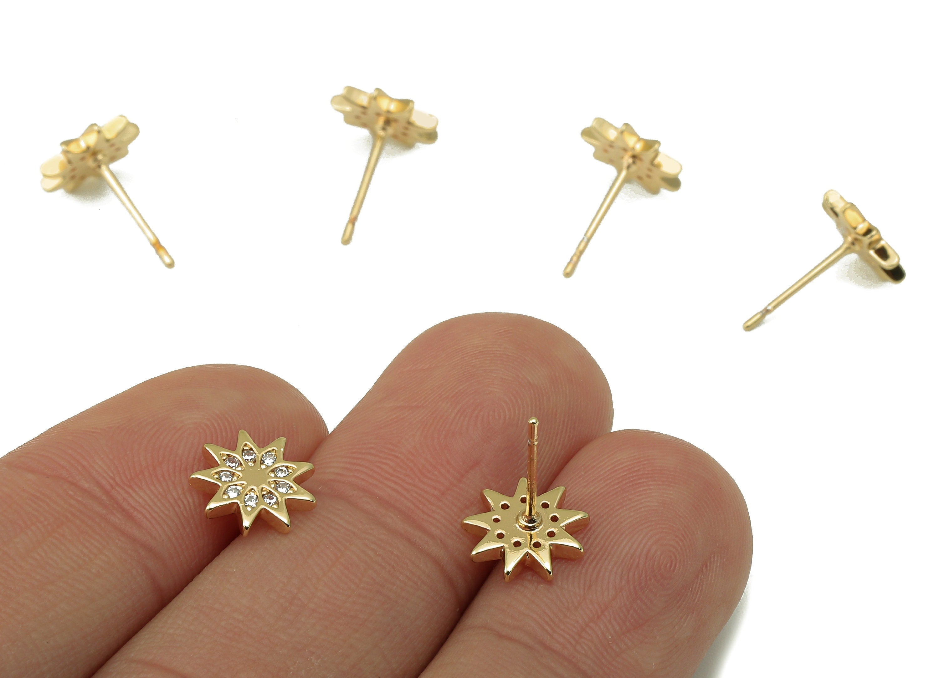 Brass Flower Earring Stud with Zircons -Star Steel Stud - Earring Post -18K Real Gold Plated - Jewelry Supplies-Findings-9x9x1.5mm-RGP5928G - DOMEDBAZAAR