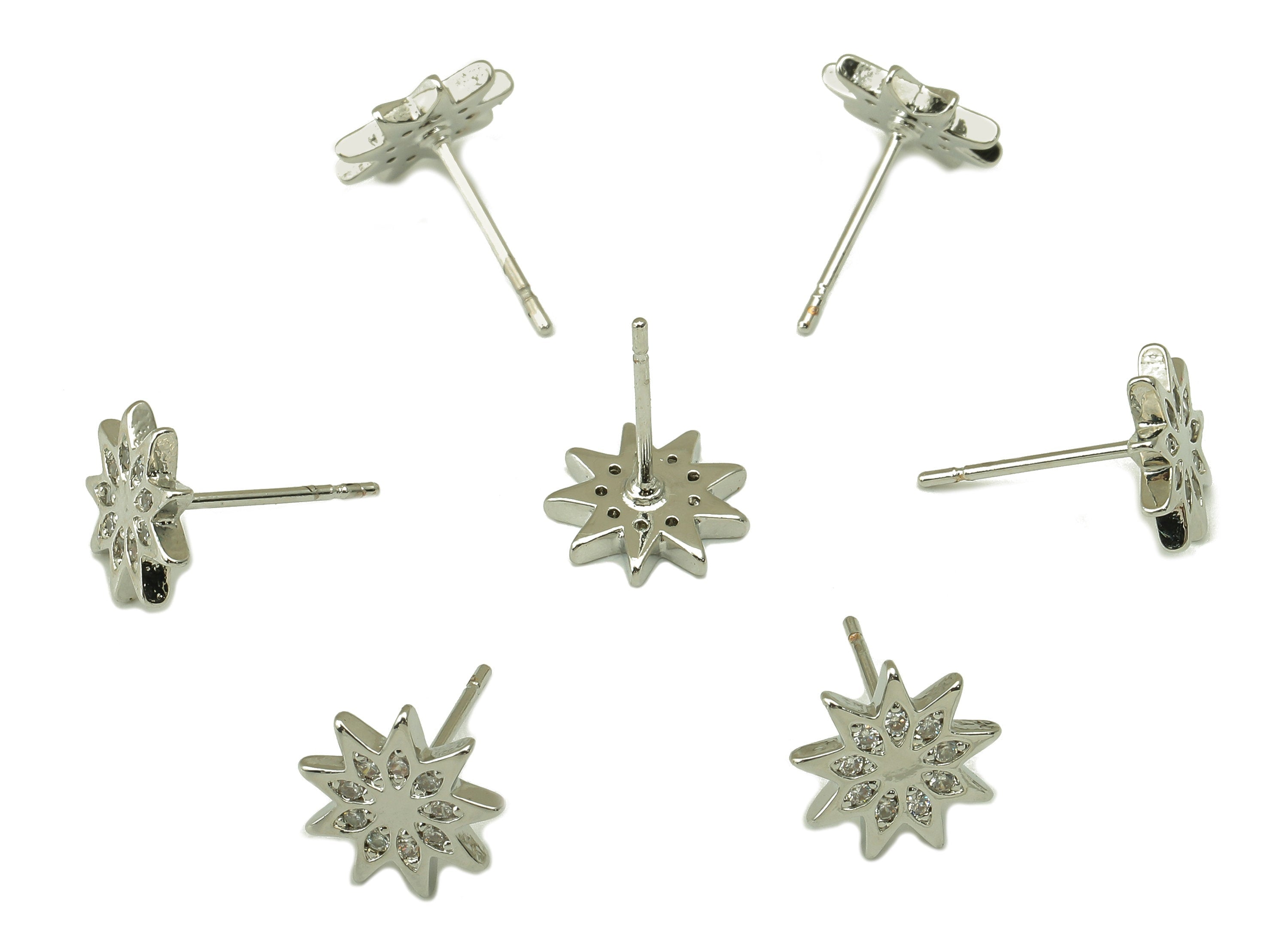 Silver Flower Earring Stud with Zircons -Star Steel Stud - Earring Post -18K Real White Gold Plated - Jewelry Supplies-9x9x1.5mm-RGP5928S - DOMEDBAZAAR