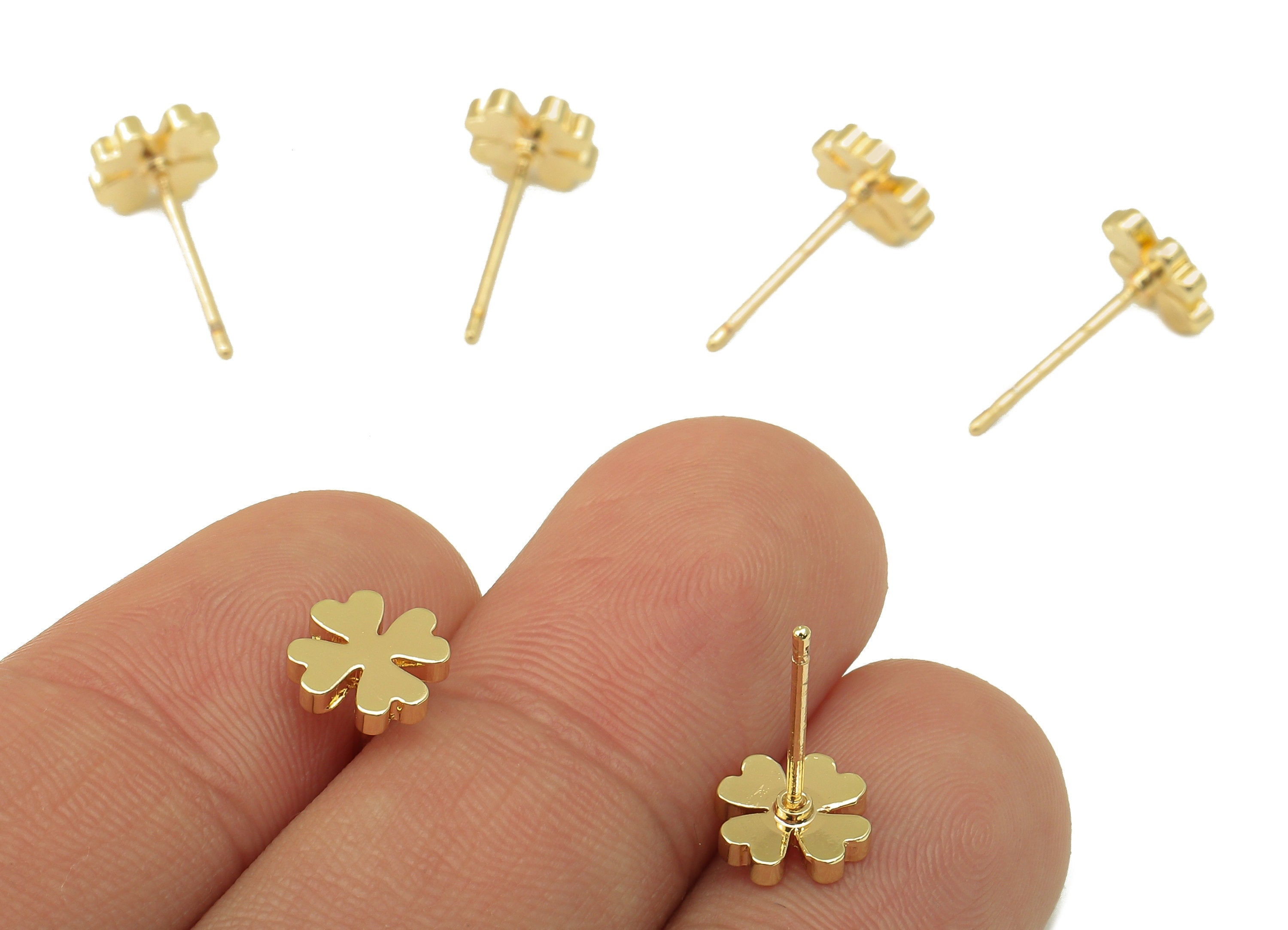 Brass Clover Earring Stud - Four-Leaf Clover Earring Post -18K Real Gold Plated - Jewelry Supplies-Earring Findings-8x8x2mm-RGP5931G - DOMEDBAZAAR