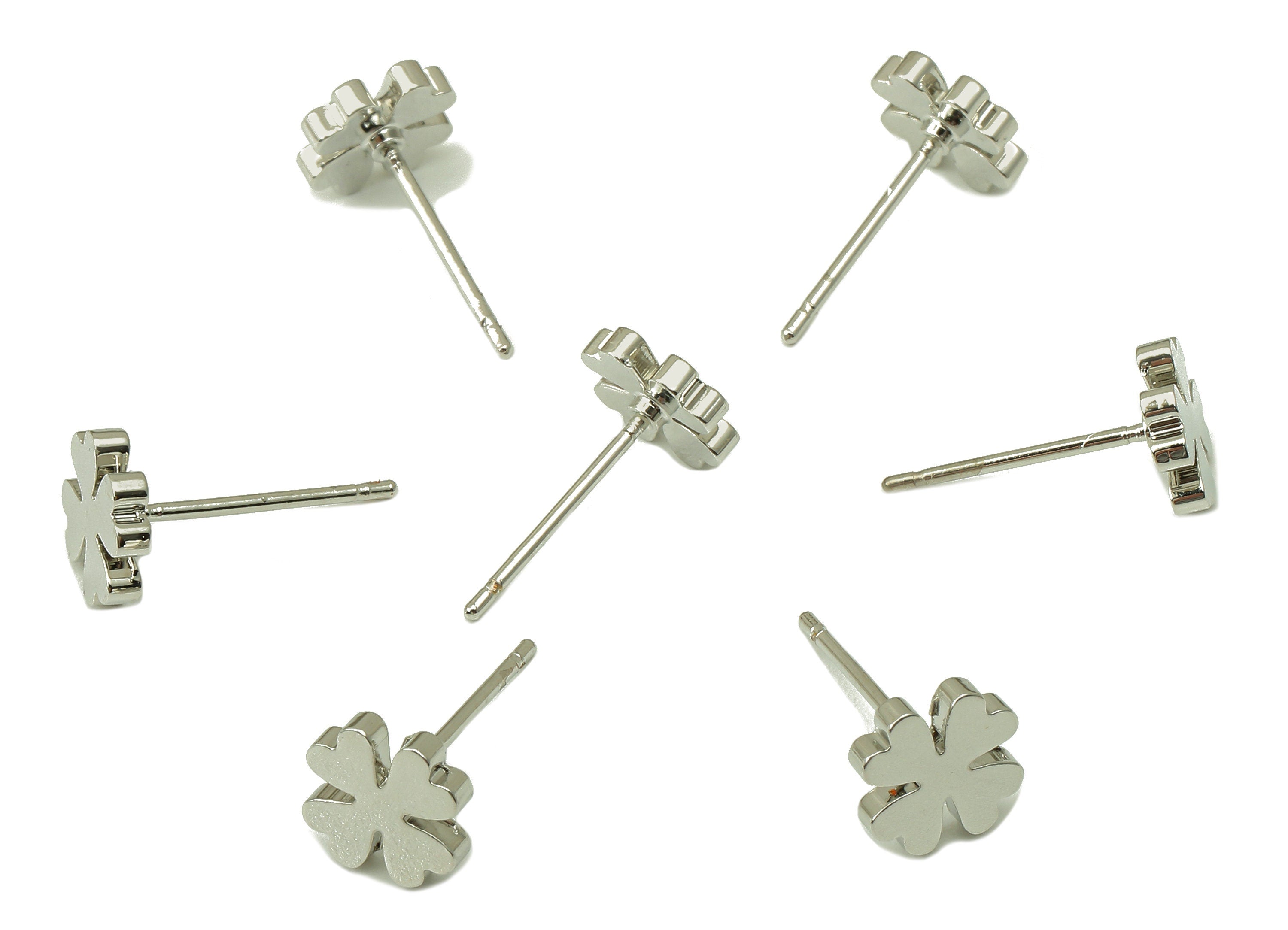 Silver Clover Earring Stud - Four-Leaf Clover Earring Post -18K Real White Gold Plated - Jewelry Supplies-Earring Findings-8x8x2mm-RGP5931S - DOMEDBAZAAR