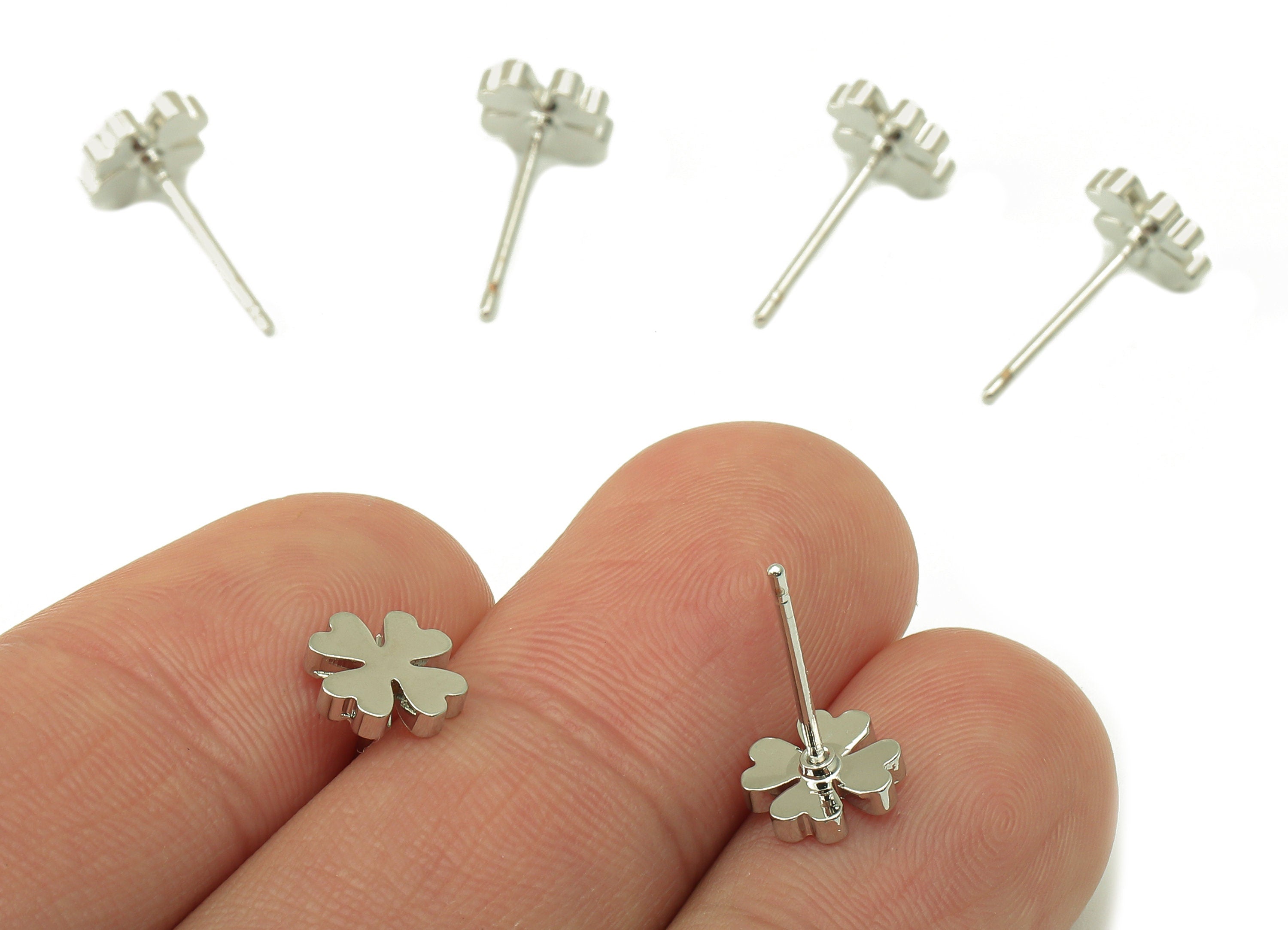 Silver Clover Earring Stud - Four-Leaf Clover Earring Post -18K Real White Gold Plated - Jewelry Supplies-Earring Findings-8x8x2mm-RGP5931S - DOMEDBAZAAR
