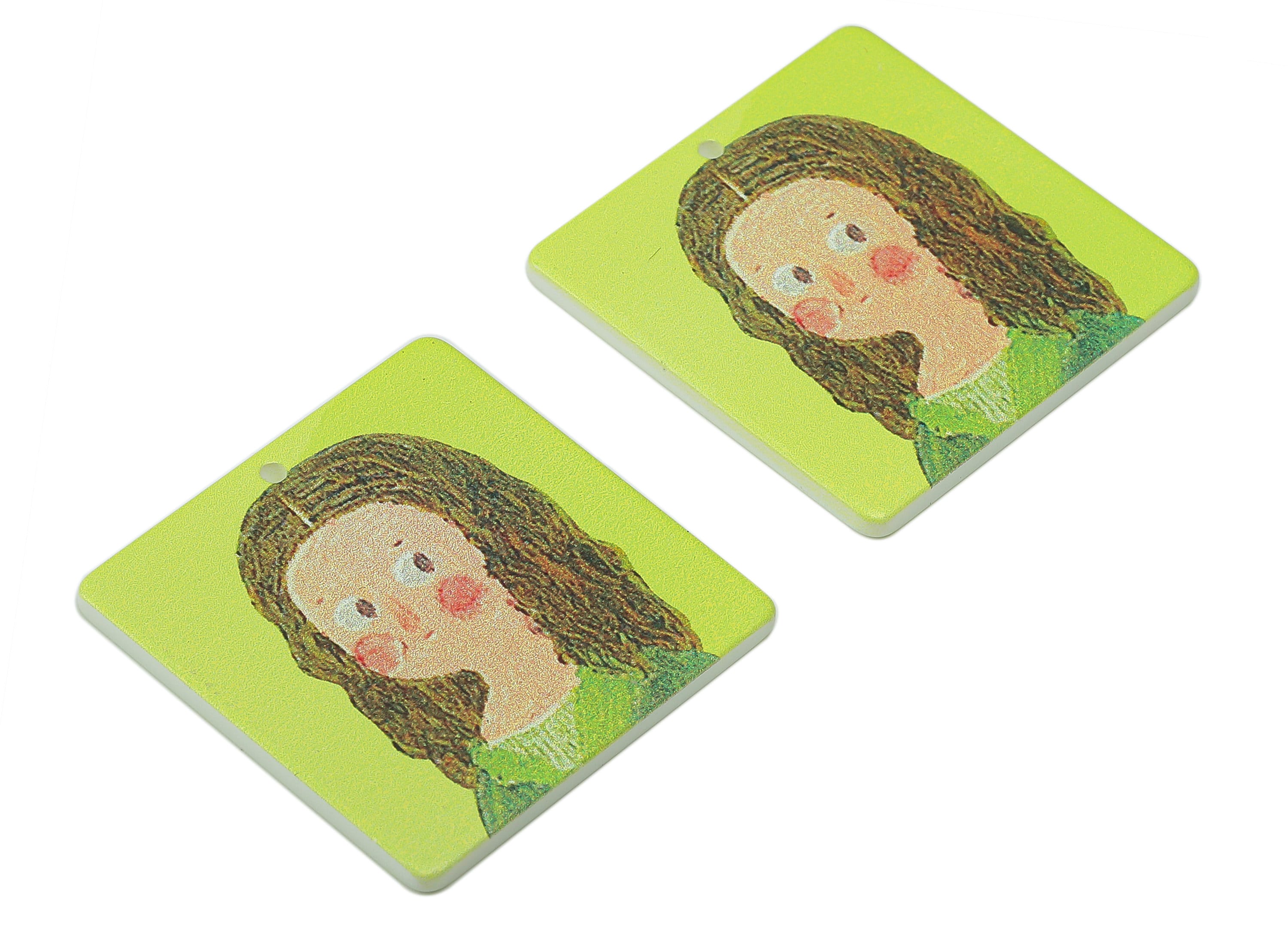 Square Acrylic Charm - Green Portrait Pendant Charm – Square Girl Earring Charm – DIY Jewelry Making Supplies -34x 34.2 x 2.02mm - AC2595 - DOMEDBAZAAR