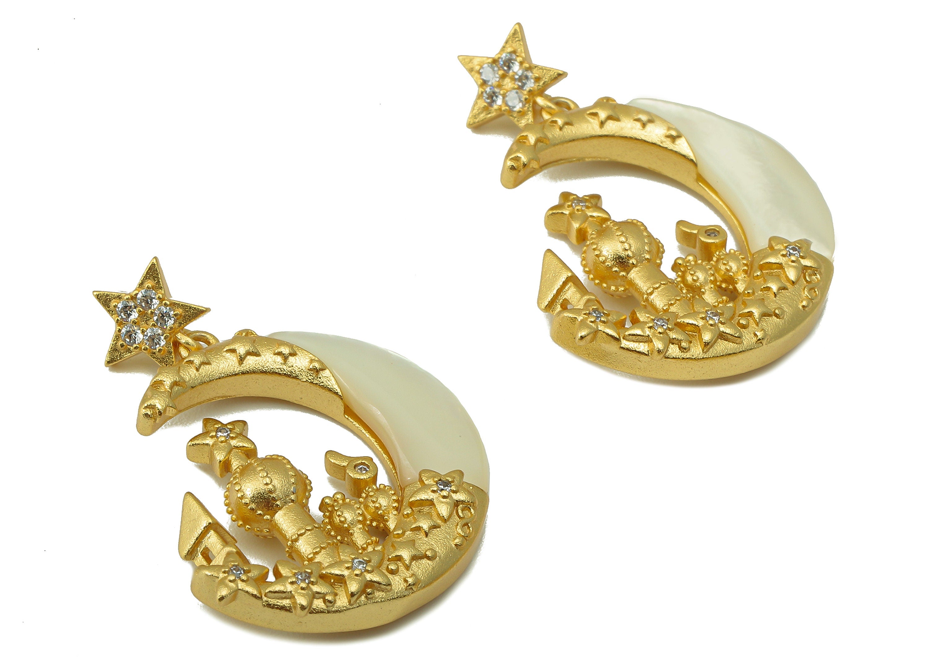 Brass Crescent Earring - Brass Palace Moon Earring Charm - CZ Shell Earring - For Necklace - 18K Real Gold Plated -31.88x 21x4.22mm-RGP6608 - DOMEDBAZAAR