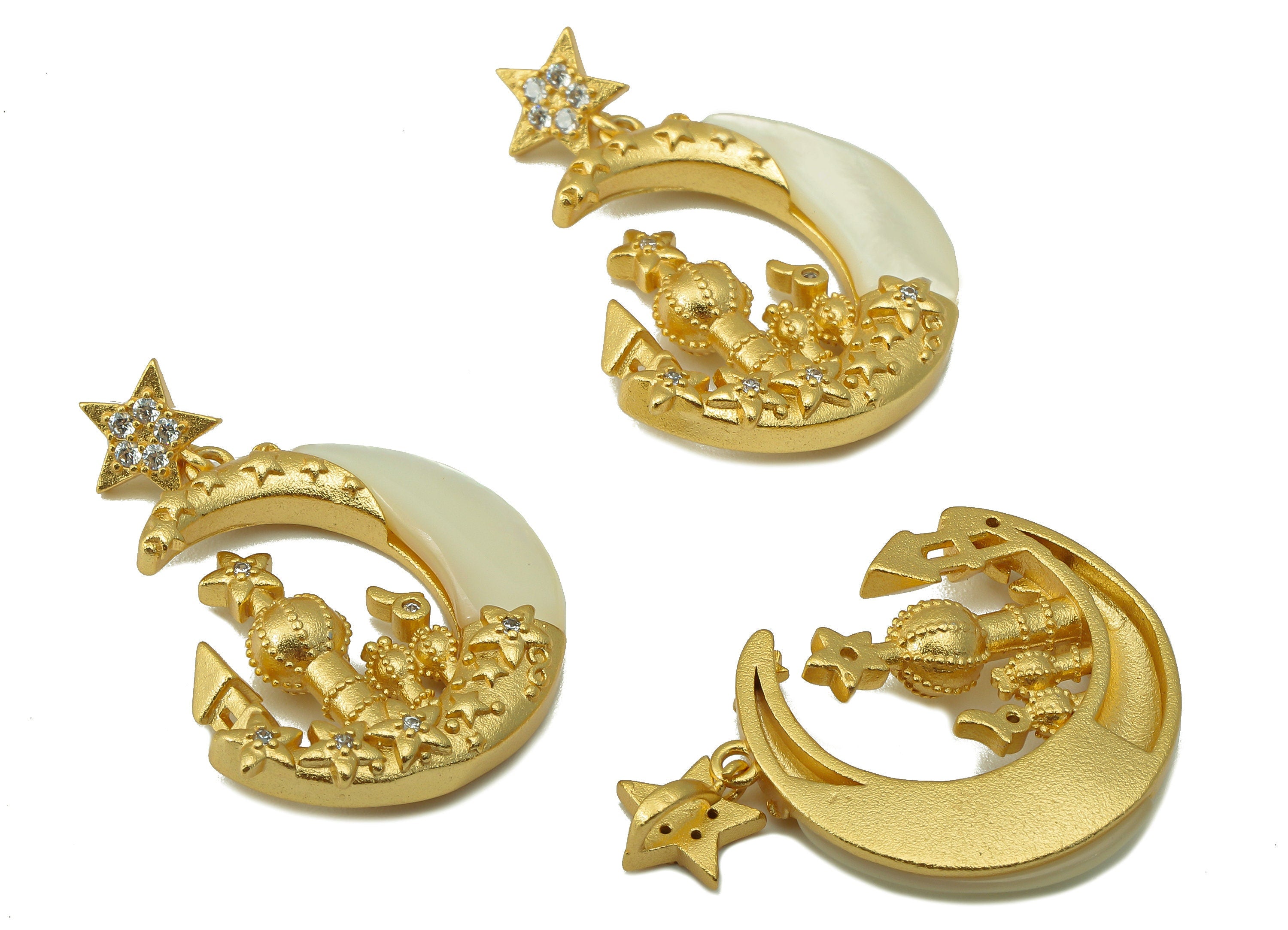 Brass Crescent Earring - Brass Palace Moon Earring Charm - CZ Shell Earring - For Necklace - 18K Real Gold Plated -31.88x 21x4.22mm-RGP6608 - DOMEDBAZAAR
