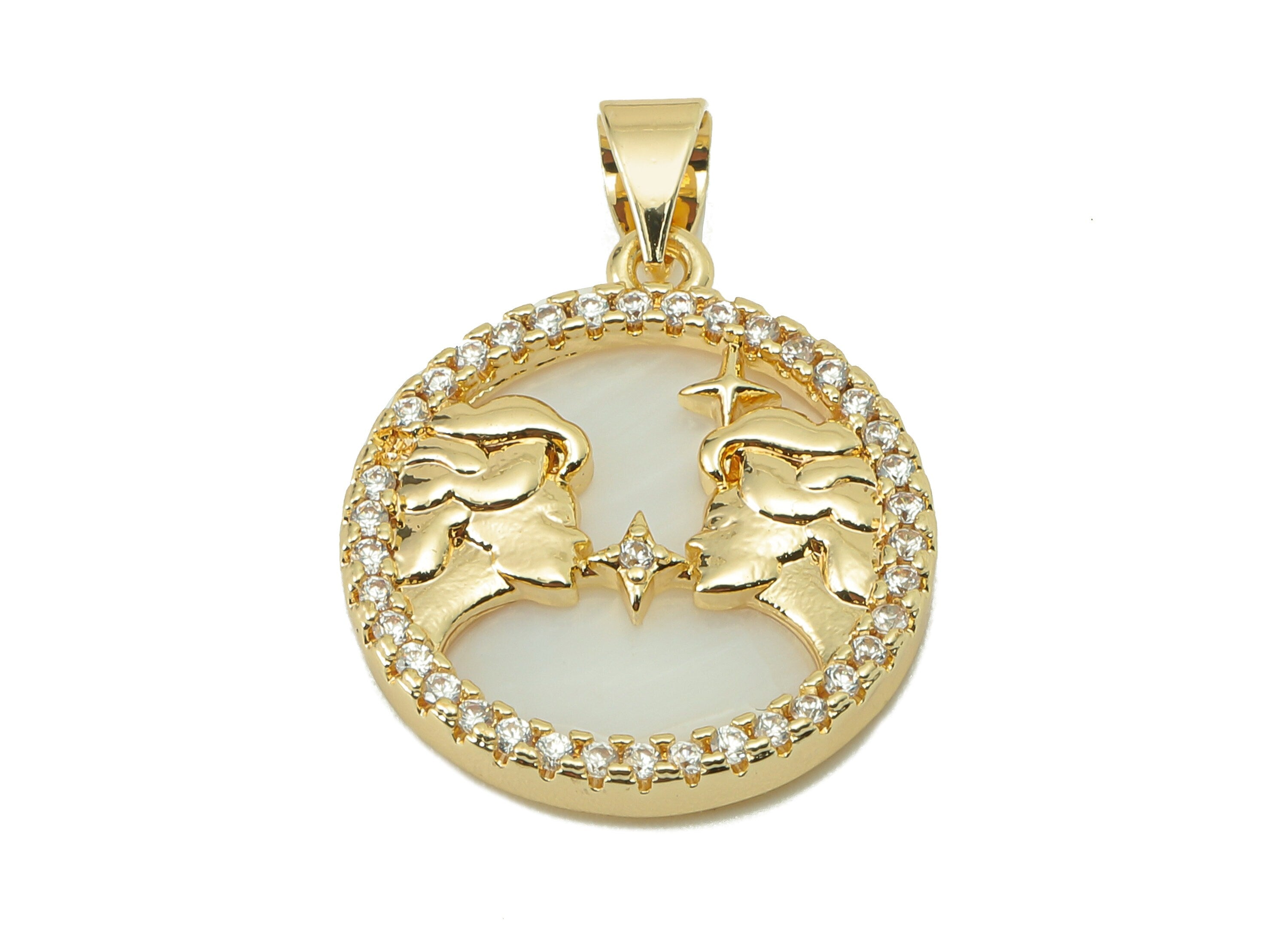 Brass Horoscope Zircon Round Gemini Charm - Shell Zodiac Pendant -CZ Gold Gemini Pendant -18K Real Gold Plating-25.64x 18.49x2.89mm-RGP5887D - DOMEDBAZAAR