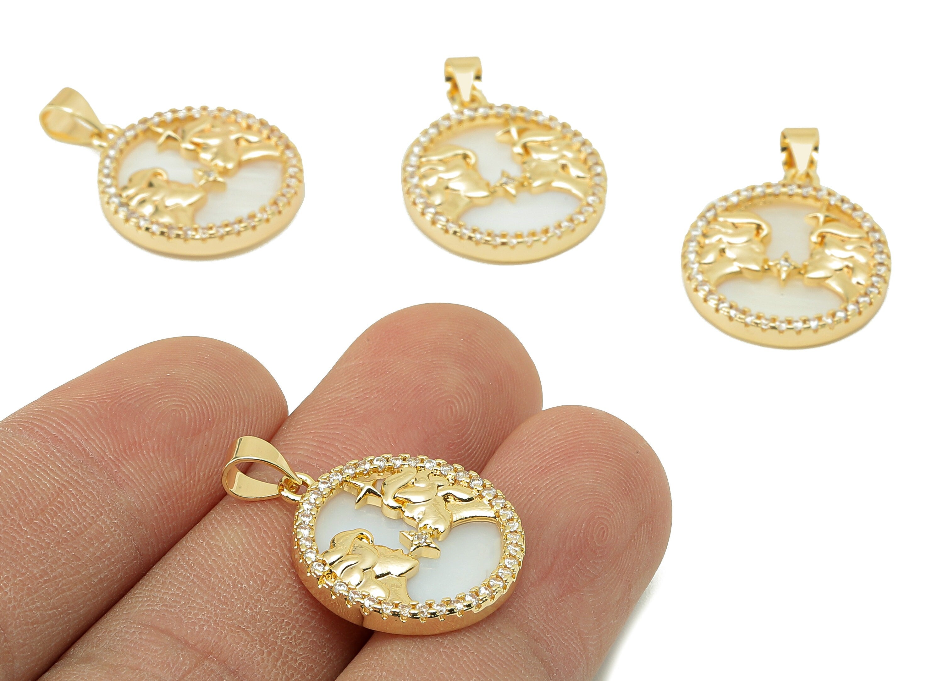 Brass Horoscope Zircon Round Gemini Charm - Shell Zodiac Pendant -CZ Gold Gemini Pendant -18K Real Gold Plating-25.64x 18.49x2.89mm-RGP5887D - DOMEDBAZAAR