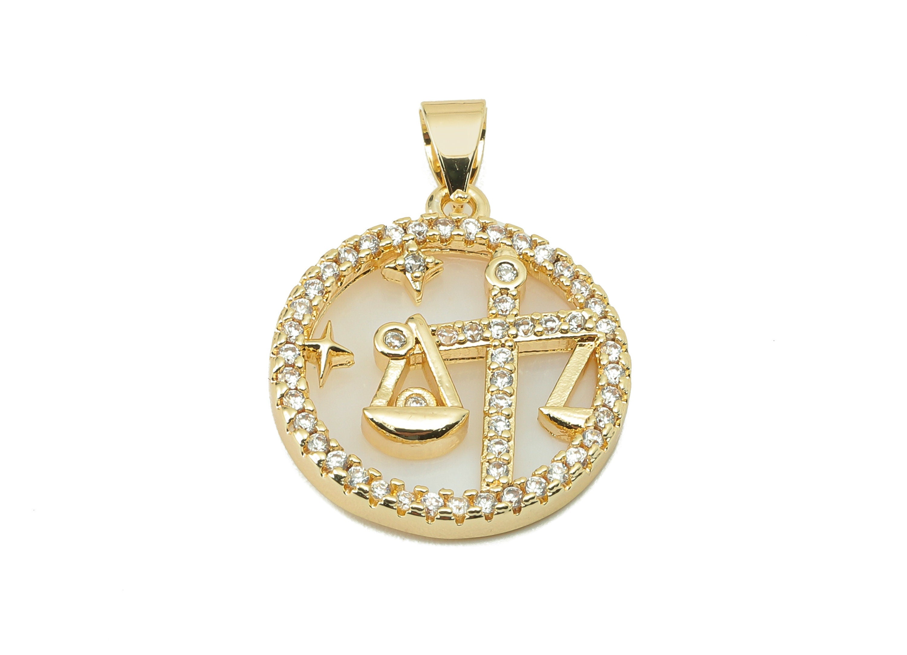 Brass Horoscope Zircon Round Libra Charm - Shell Zodiac Pendant -CZ Gold libra Charm -18K Real Gold Plating-25.64x 18.49x 2.89mm-RGP5887E - DOMEDBAZAAR