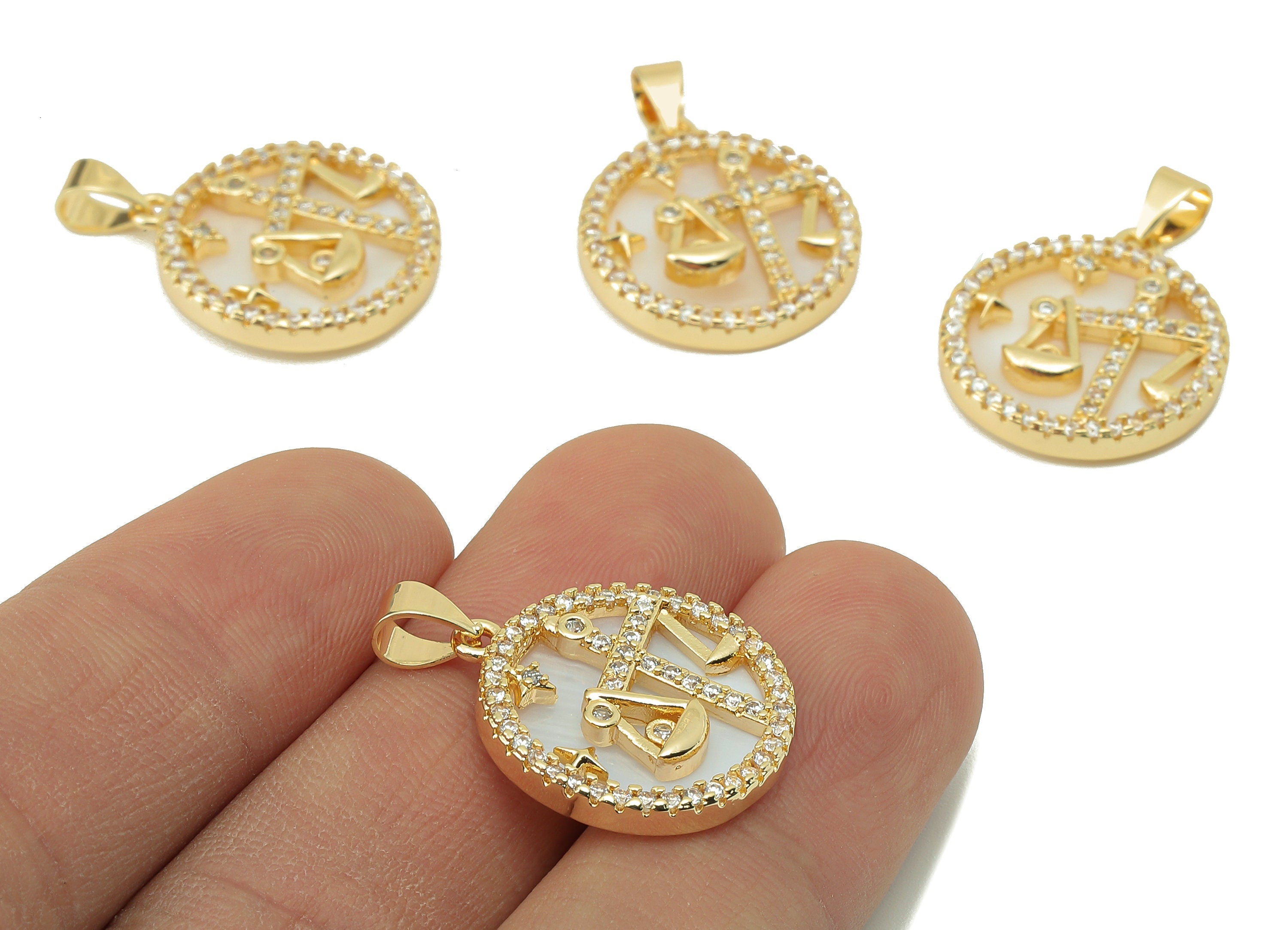 Brass Horoscope Zircon Round Libra Charm - Shell Zodiac Pendant -CZ Gold libra Charm -18K Real Gold Plating-25.64x 18.49x 2.89mm-RGP5887E - DOMEDBAZAAR