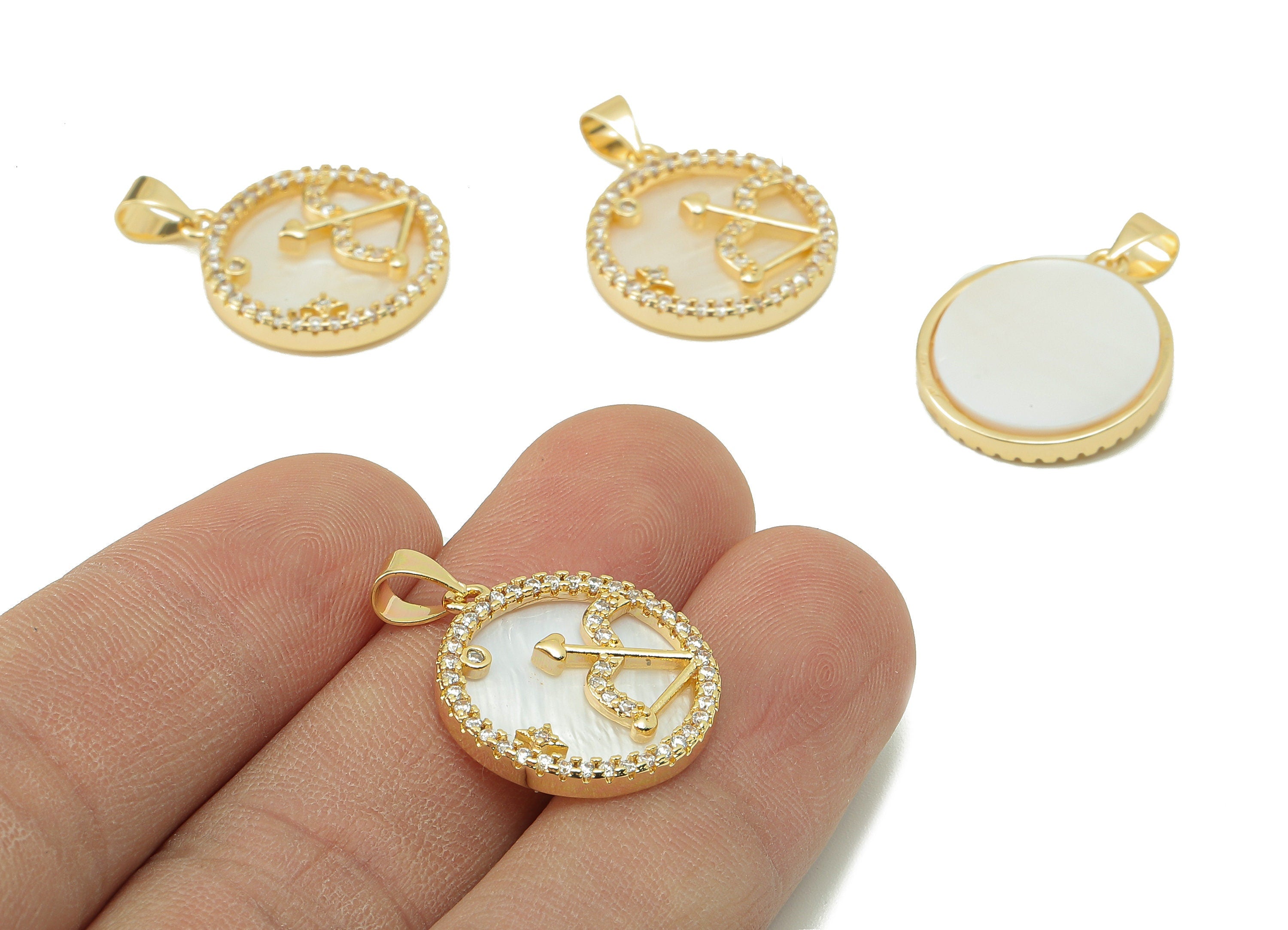 Brass Horoscope Zircon Round Sagittarius Charm - Shell Zodiac Pendant-CZ Sagittarius Charm-18K Real Gold Plating-25.64x18.49x2.89mm-RGP5887F - DOMEDBAZAAR