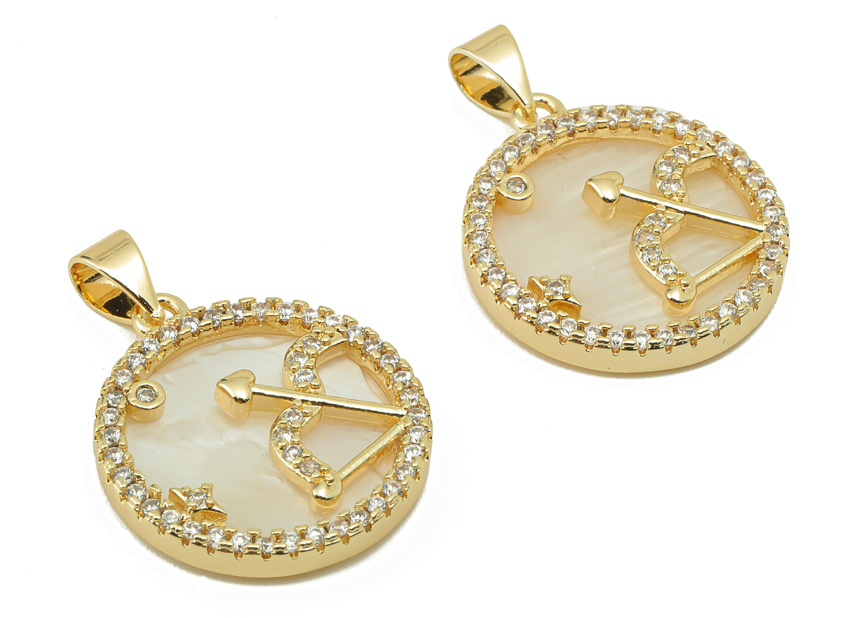Brass Horoscope Zircon Round Sagittarius Charm - Shell Zodiac Pendant-CZ Sagittarius Charm-18K Real Gold Plating-25.64x18.49x2.89mm-RGP5887F - DOMEDBAZAAR