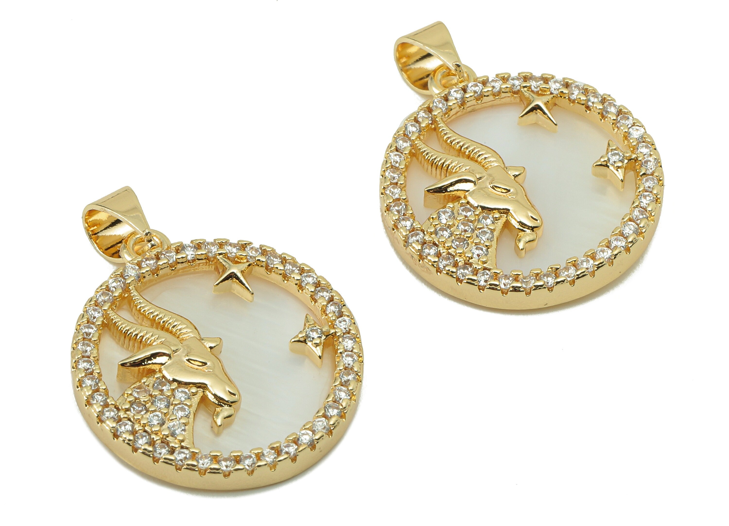 Brass Horoscope Zircon Capricorn Charm - Shell Zodiac Pendant - CZ Gold Capricorn Pendant -18K Real Gold Plating-25.64x18.49x2.89mm-RGP5887G - DOMEDBAZAAR