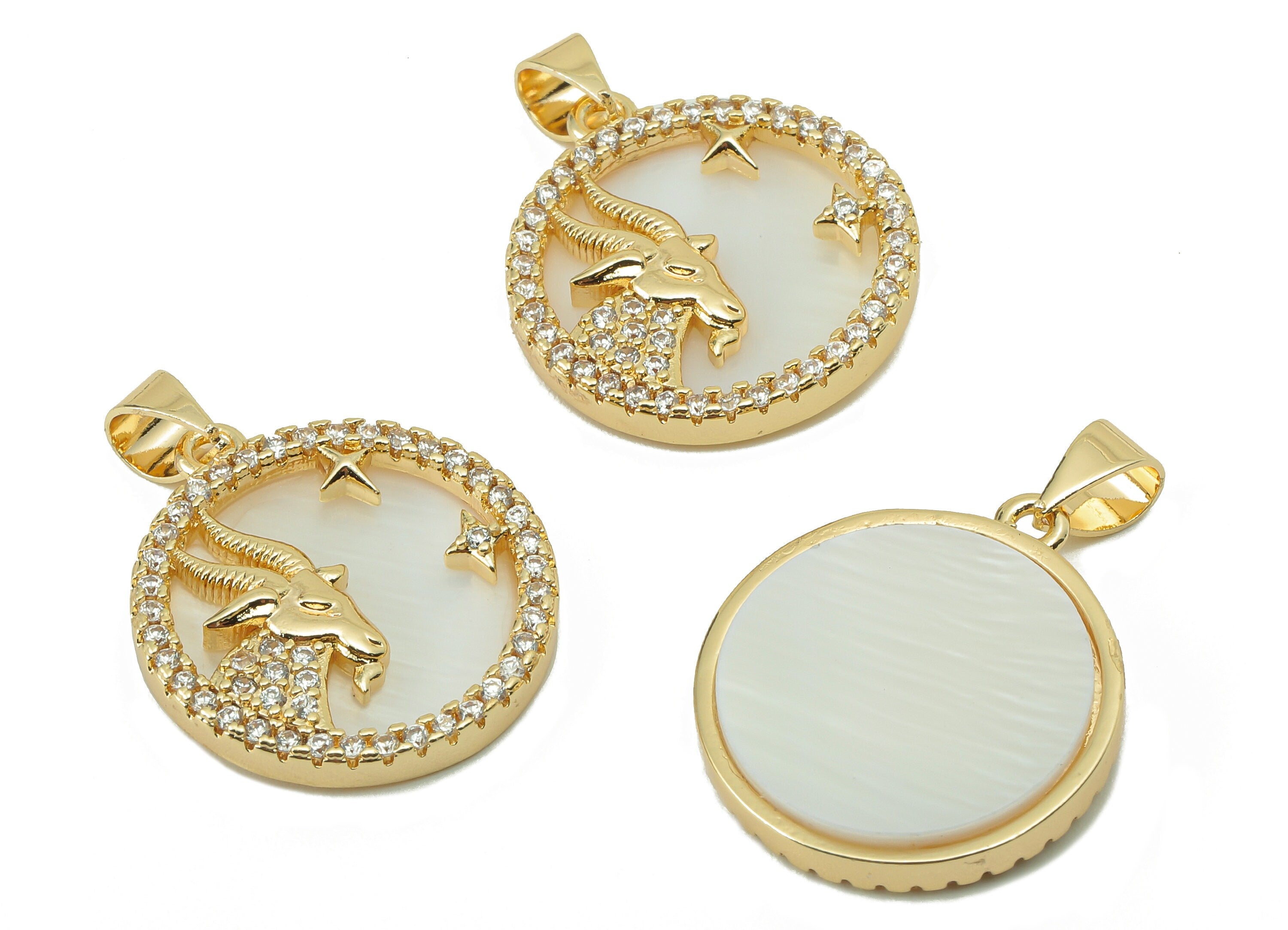 Brass Horoscope Zircon Capricorn Charm - Shell Zodiac Pendant - CZ Gold Capricorn Pendant -18K Real Gold Plating-25.64x18.49x2.89mm-RGP5887G - DOMEDBAZAAR