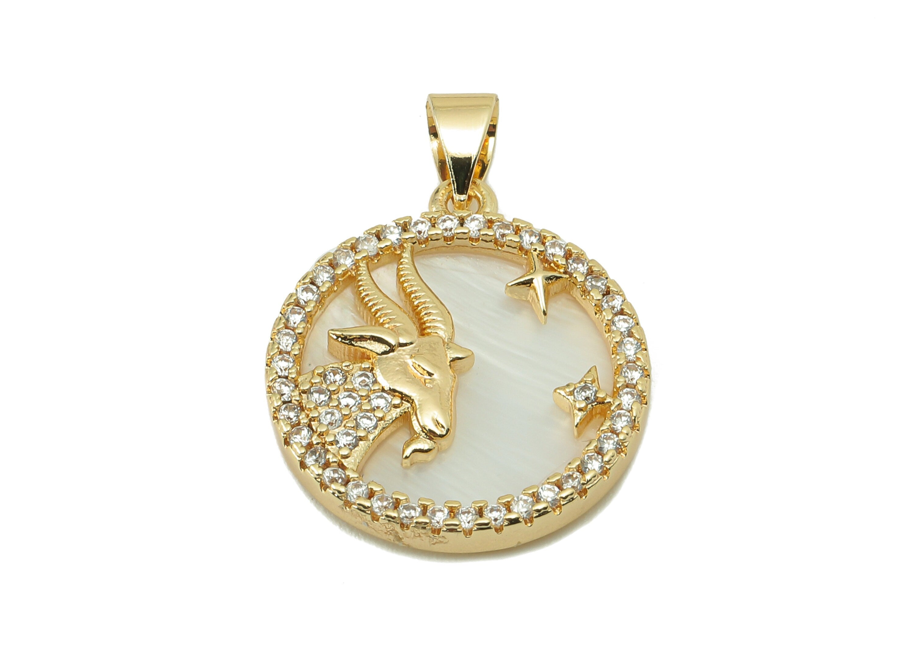 Brass Horoscope Zircon Capricorn Charm - Shell Zodiac Pendant - CZ Gold Capricorn Pendant -18K Real Gold Plating-25.64x18.49x2.89mm-RGP5887G - DOMEDBAZAAR