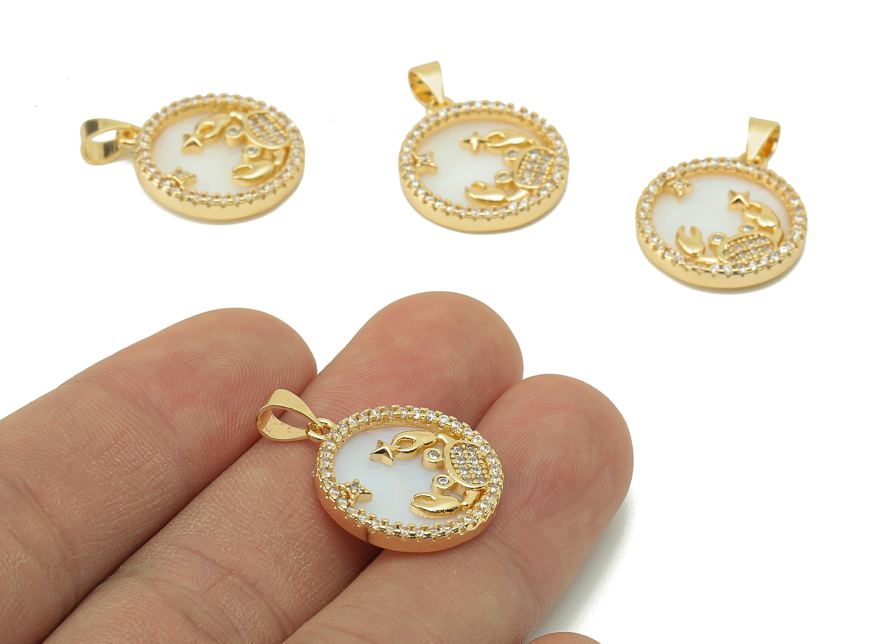 Brass Horoscope Zircon Round Cancer Charm - Shell Zodiac Pendant - CZ Cancer Gold Pendant-18K Real Gold Plating-25.64x 18.49x2.89mm-RGP5887J - DOMEDBAZAAR