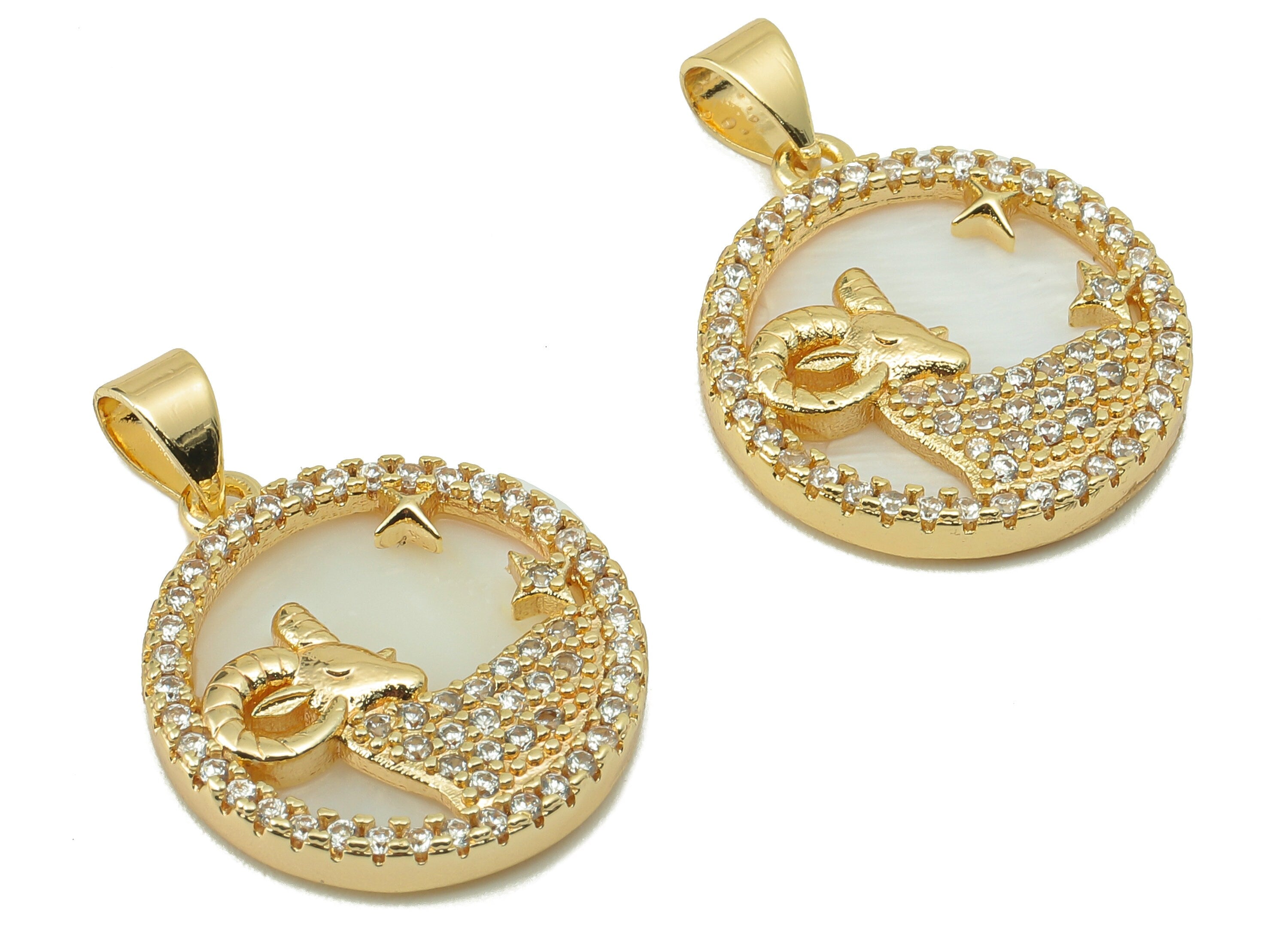 Brass Horoscope Zircon Round Aries Charm - CZ Shell Zodiac Pendant - Shell Aries Pendant-18K Real Gold Plating-25.64x 18.49x 2.89mm-RGP5887K - DOMEDBAZAAR