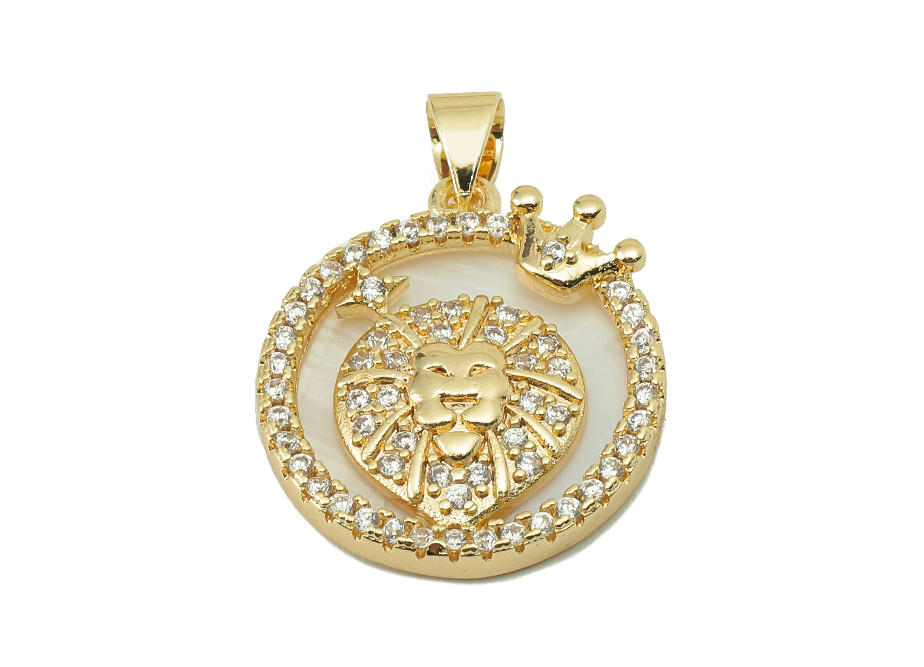Brass Horoscope Zircon Round Leo Charm - White Shell Zodiac Pendant With Loop -18K Real Gold Plating-25.64x 18.49x 2.89mm-RGP5887L - DOMEDBAZAAR