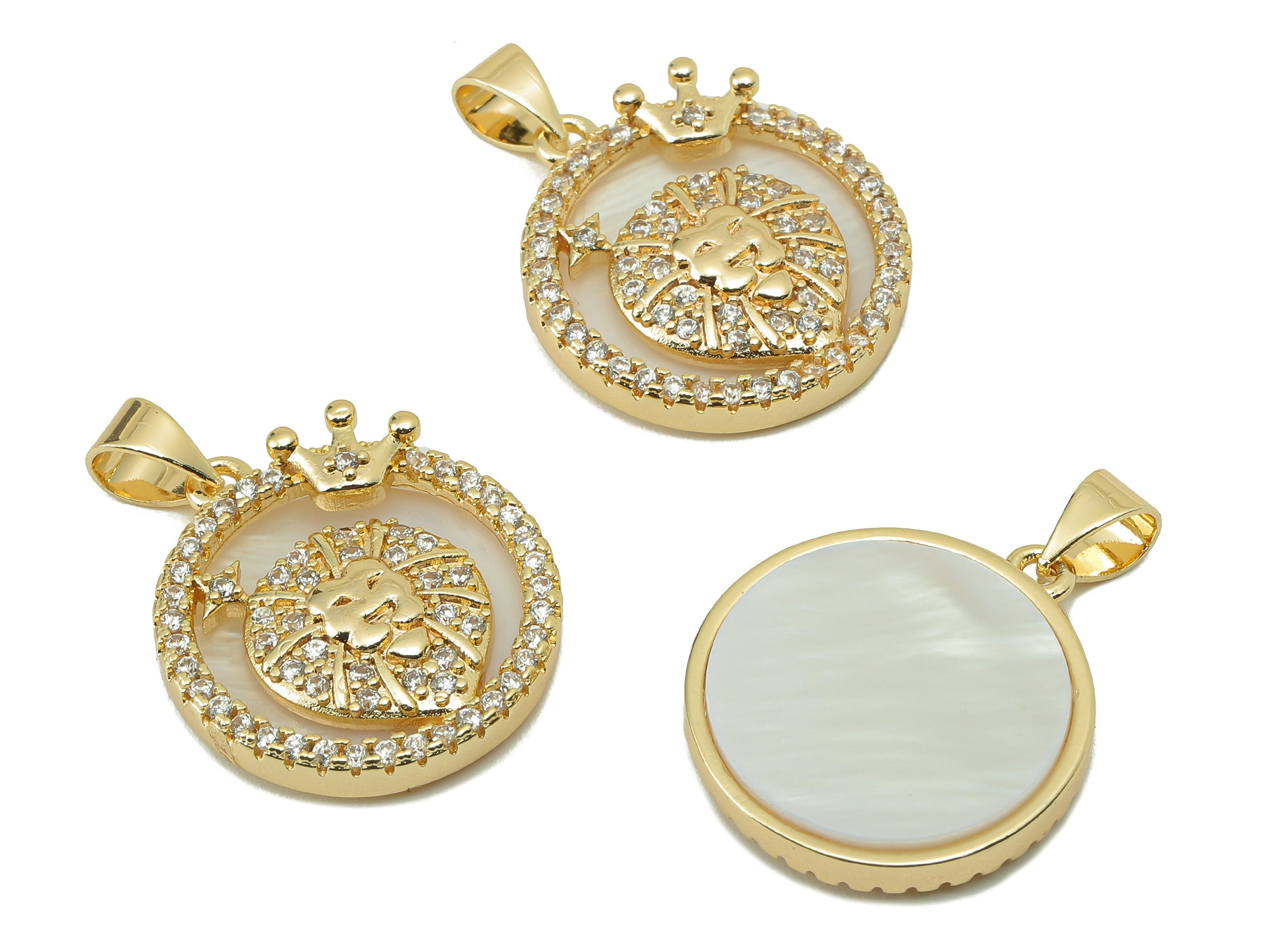 Brass Horoscope Zircon Round Leo Charm - White Shell Zodiac Pendant With Loop -18K Real Gold Plating-25.64x 18.49x 2.89mm-RGP5887L - DOMEDBAZAAR