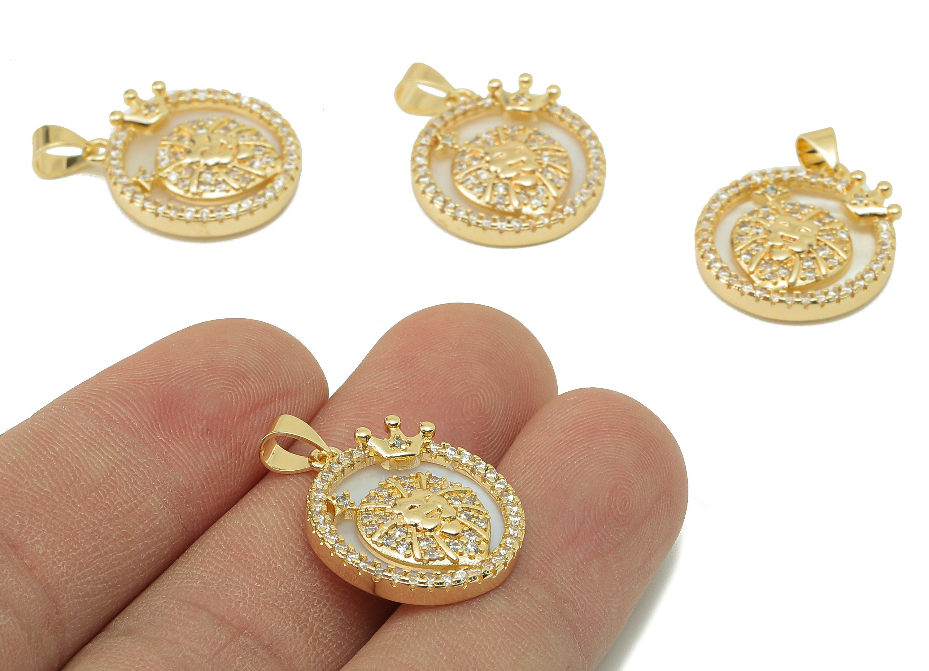 Brass Horoscope Zircon Round Leo Charm - White Shell Zodiac Pendant With Loop -18K Real Gold Plating-25.64x 18.49x 2.89mm-RGP5887L - DOMEDBAZAAR