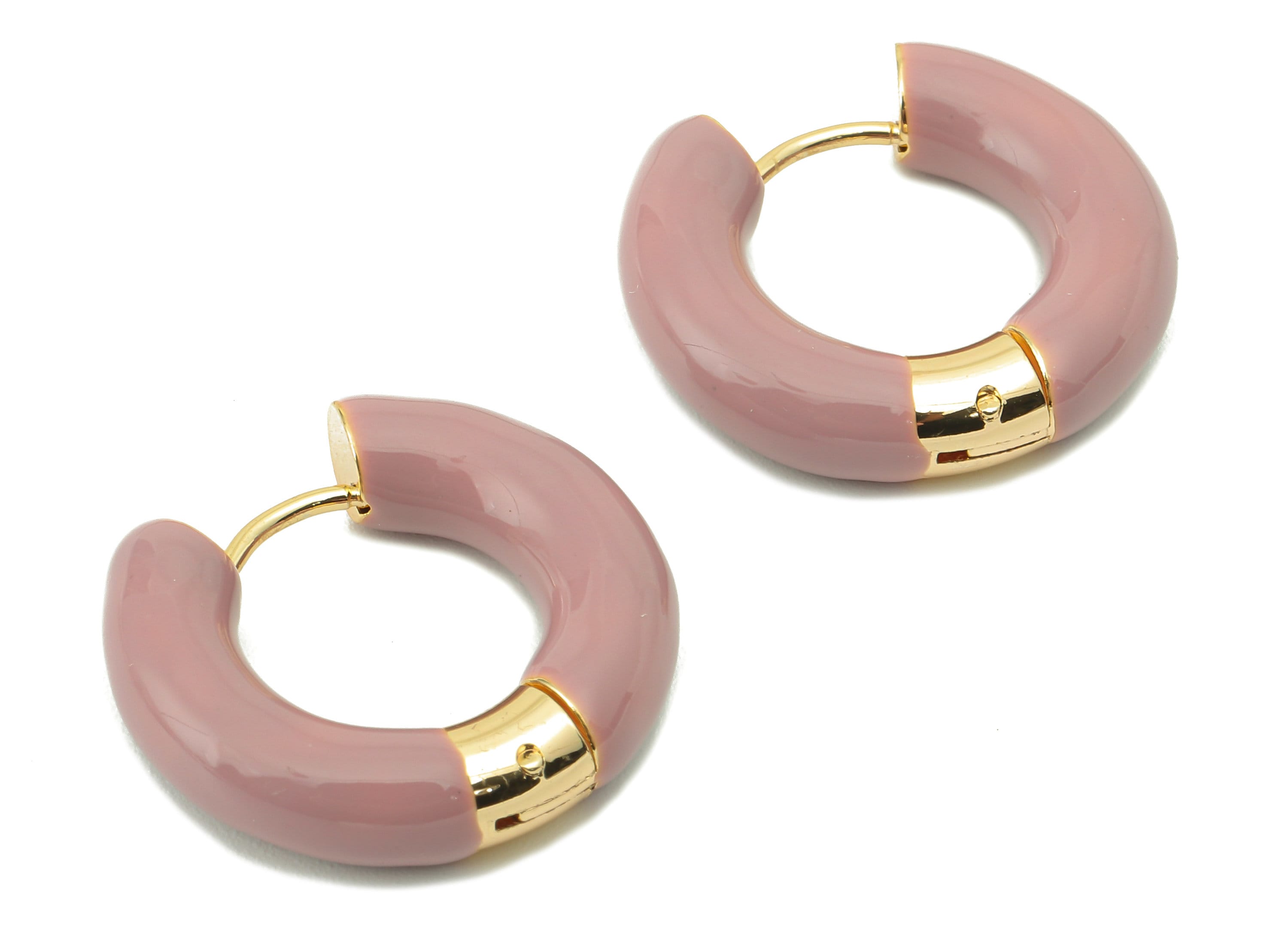 Stainless Steel Circle Earring Clasps - Pink Enamel Thick Hoop Earring-Huggie Hoop Clasp-18K Real Gold Plating-23.48x21.37x5.54mm-RGP5888C - DOMEDBAZAAR