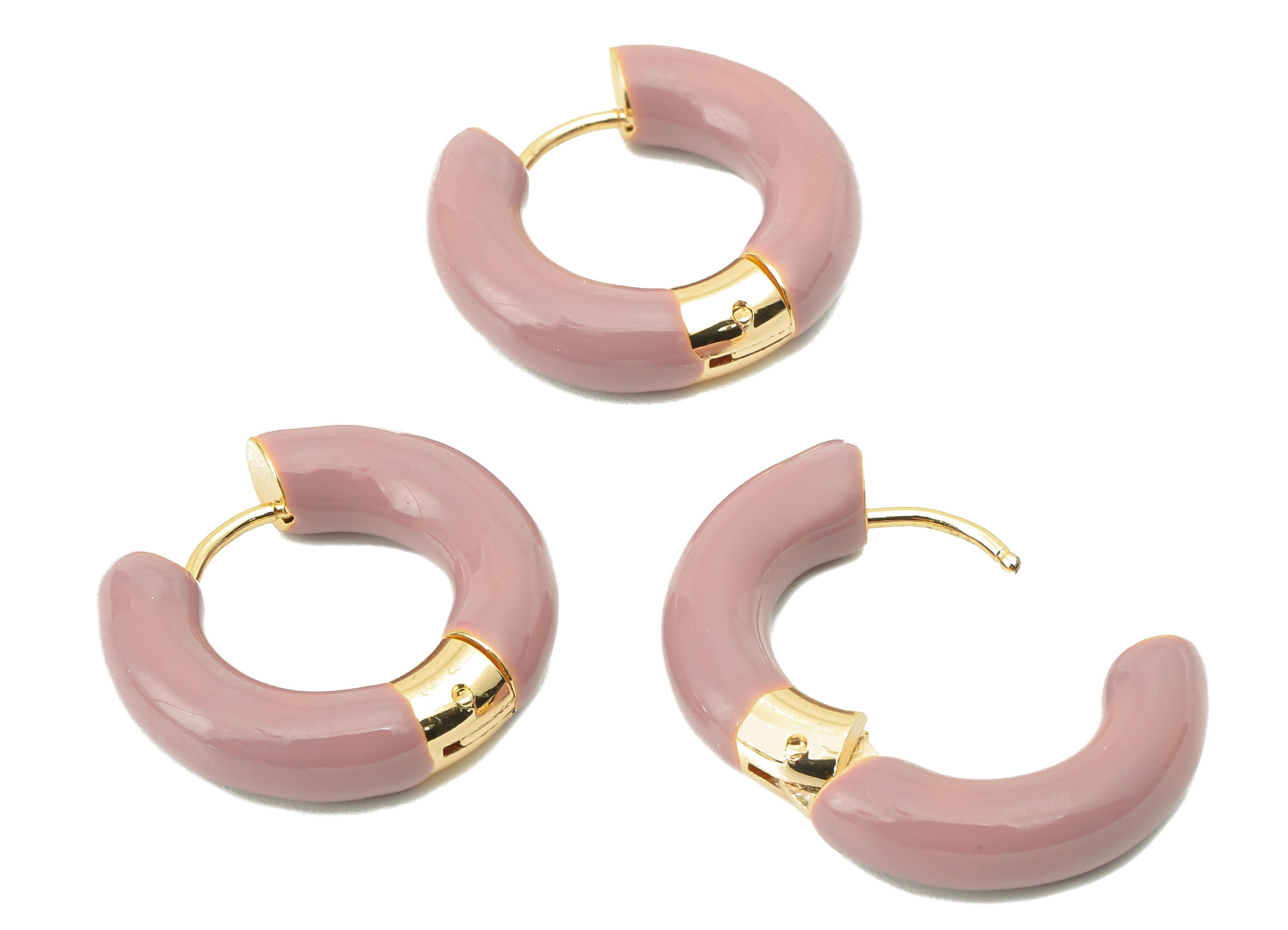 Stainless Steel Circle Earring Clasps - Pink Enamel Thick Hoop Earring-Huggie Hoop Clasp-18K Real Gold Plating-23.48x21.37x5.54mm-RGP5888C - DOMEDBAZAAR