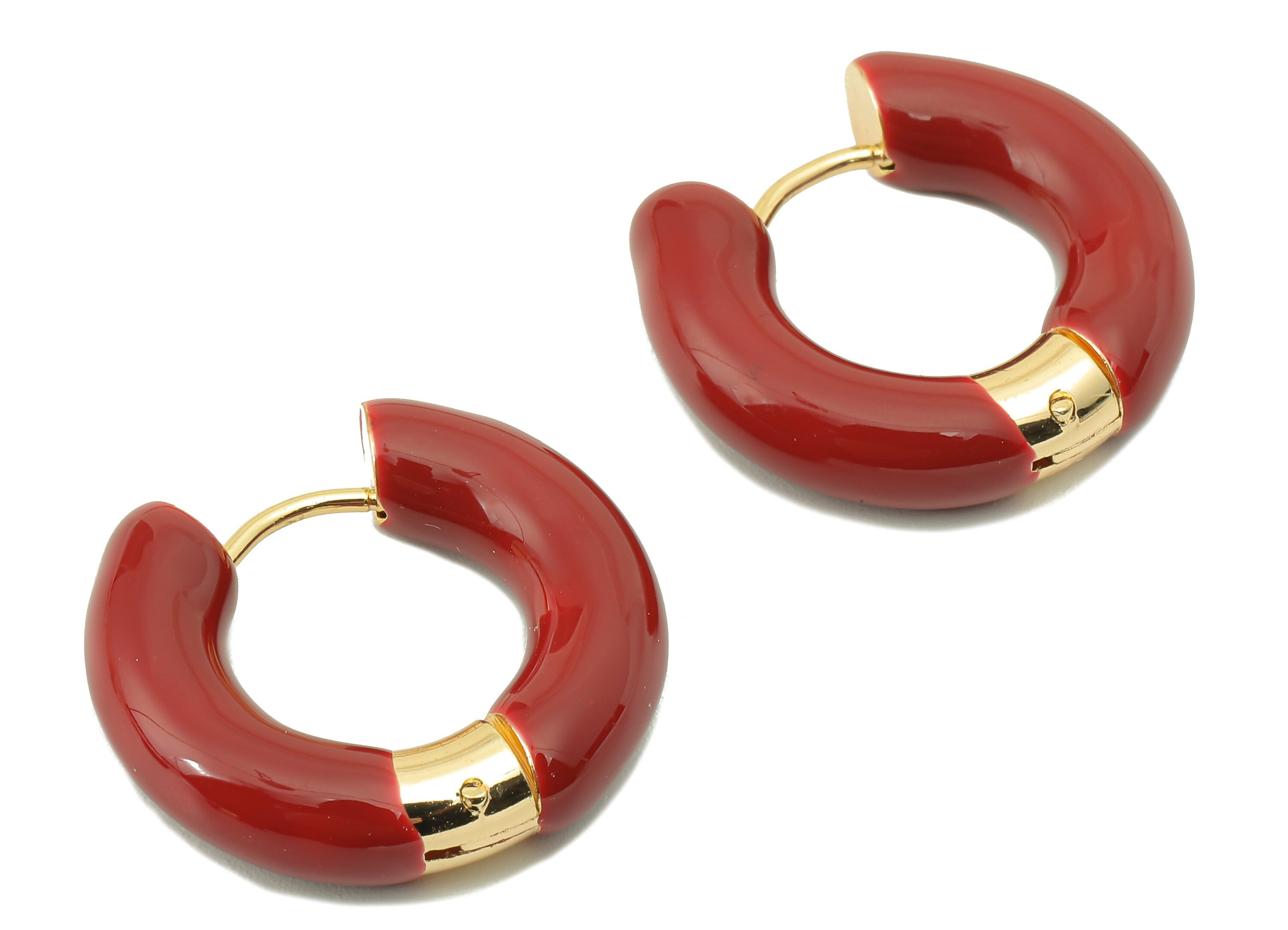 Stainless Steel Circle Earring Clasps - Red Enamel Thick Hoop Earring - Huggie Hoop Clasp -18K Real Gold Plating-23.48x21.37x5.54mm-RGP5888E - DOMEDBAZAAR