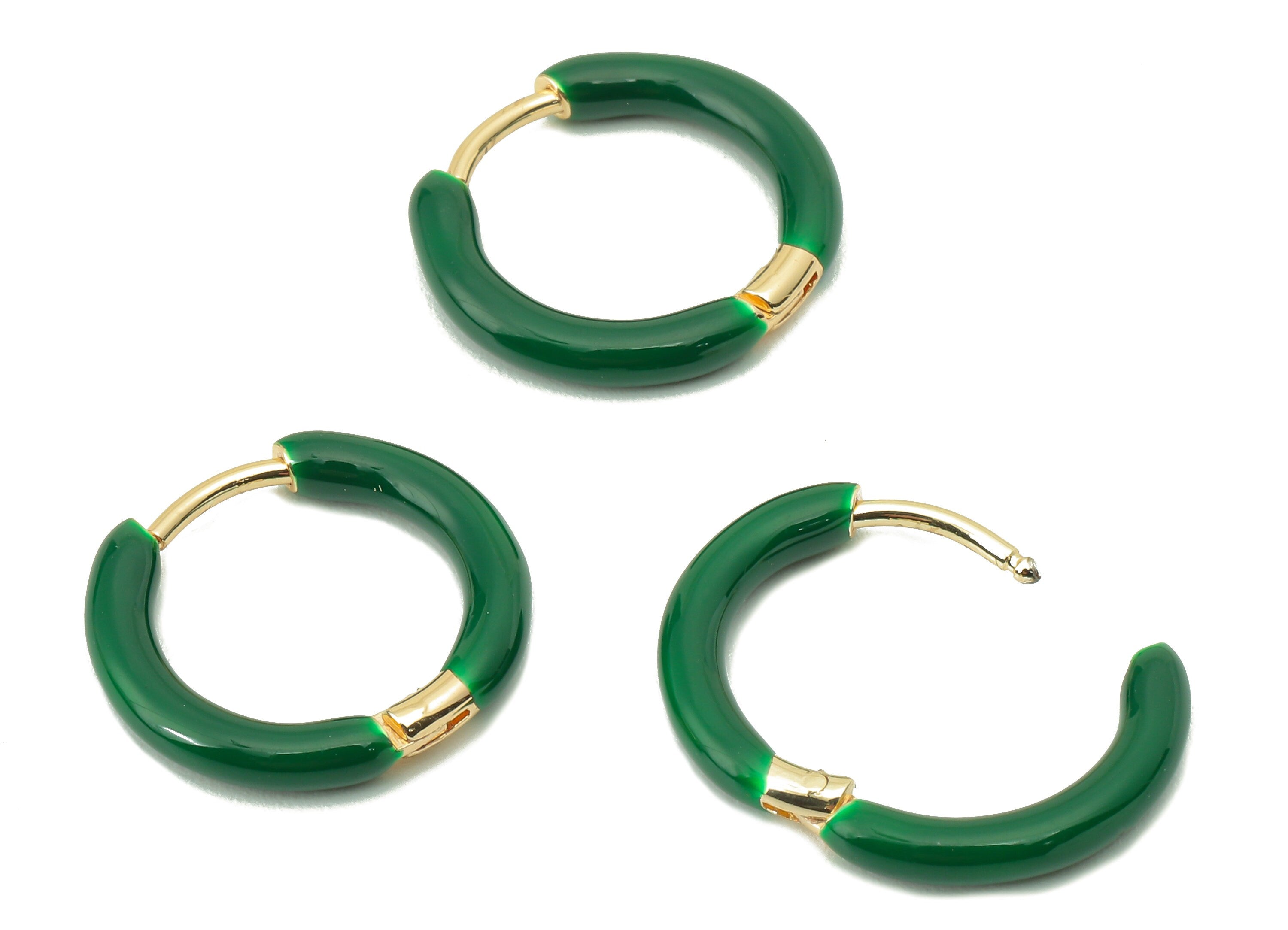 Stainless Steel Circle Earrings Clasps - Green Enamel Hoop Earrings - Huggie Hoop Clasp -18K Real Gold Plating-16.57x 15.19x 2.71mm-RGP5889B - DOMEDBAZAAR
