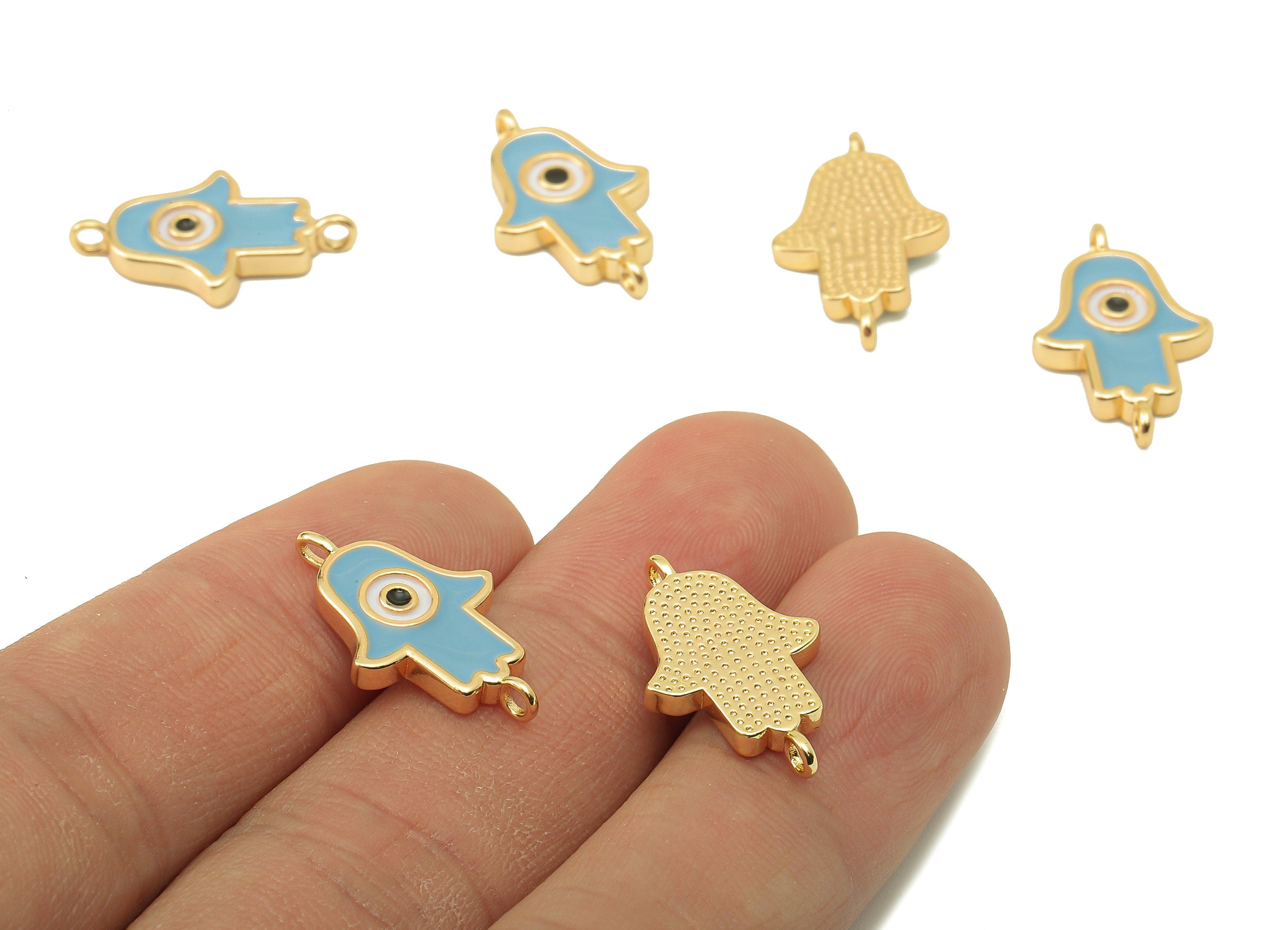 Brass Hamsa Earring Connector - Brass Blue Enamel Pendant With Loop - Enamel for Bracelet-18K Real Gold Plating-21.05x12.88x2.42mm-RGP5890C - DOMEDBAZAAR