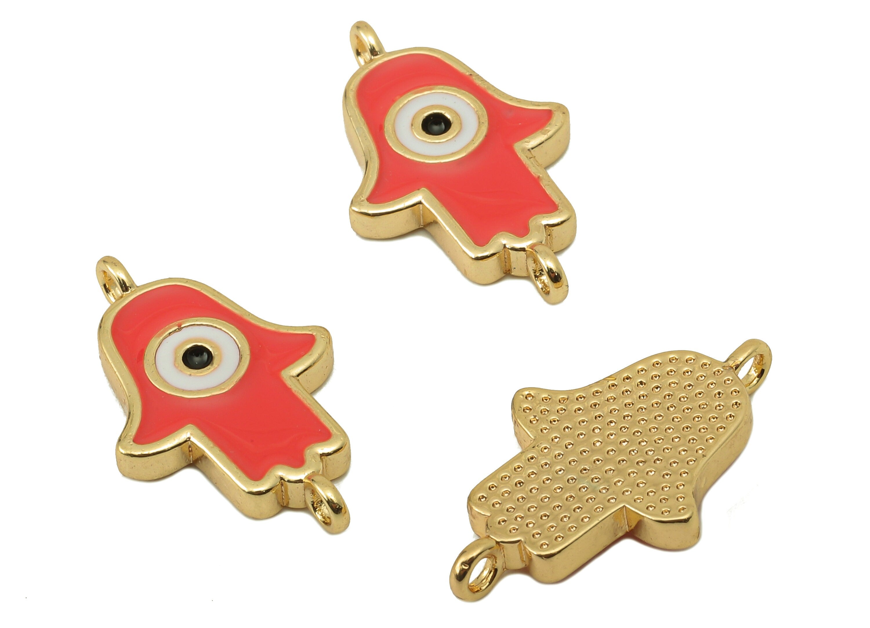 Brass Hamsa Earring Connector - Brass Red Enamel Pendant With Loop - Enamel For Bracelet-18K Real Gold Plating-21.05x12.88x2.42mm-RGP5890D - DOMEDBAZAAR