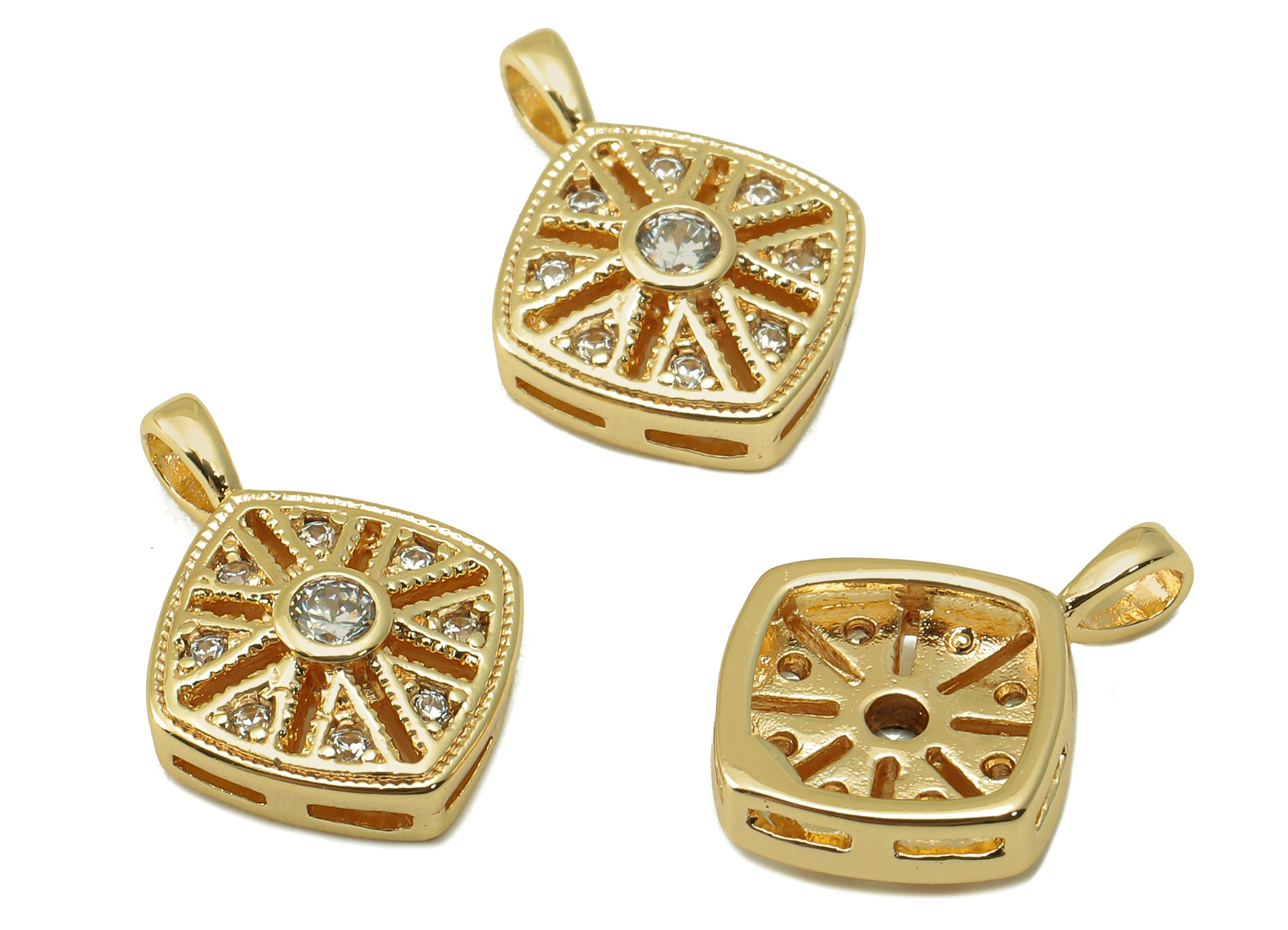 Brass Square Earring Charm - Brass Cubic Zircon Square Pendant - For Necklace - 18K Genuine Gold Plated Brass - 15.65x11.24x2.47mm -RGP6613 - DOMEDBAZAAR