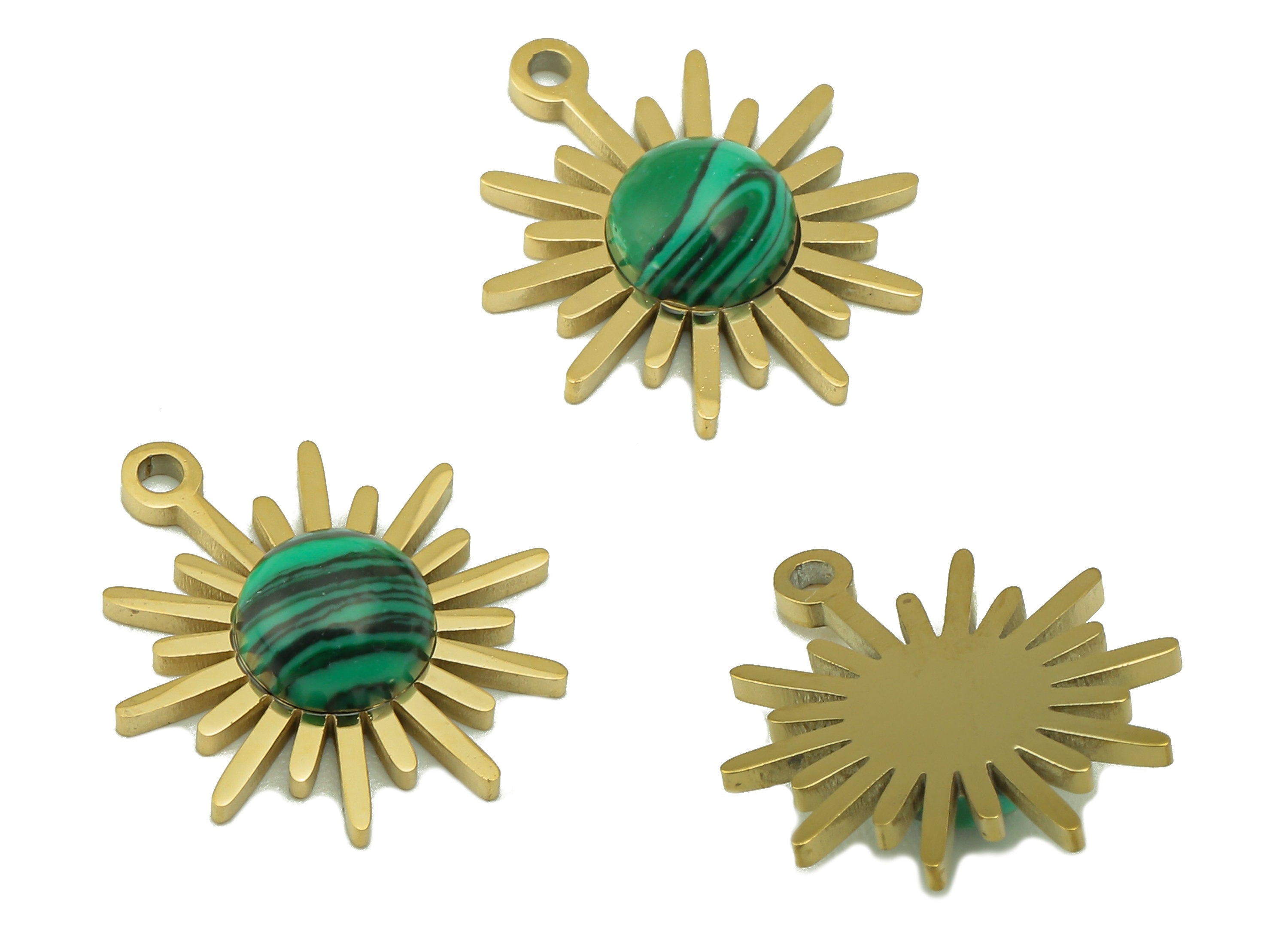 Brass Round Earring Charm - Brass Malachite Gemstone Pendant - Sunshine Natural Stone Earring - 18K Real Gold Plated -16x14.3x3.84mm-RGP6624 - DOMEDBAZAAR