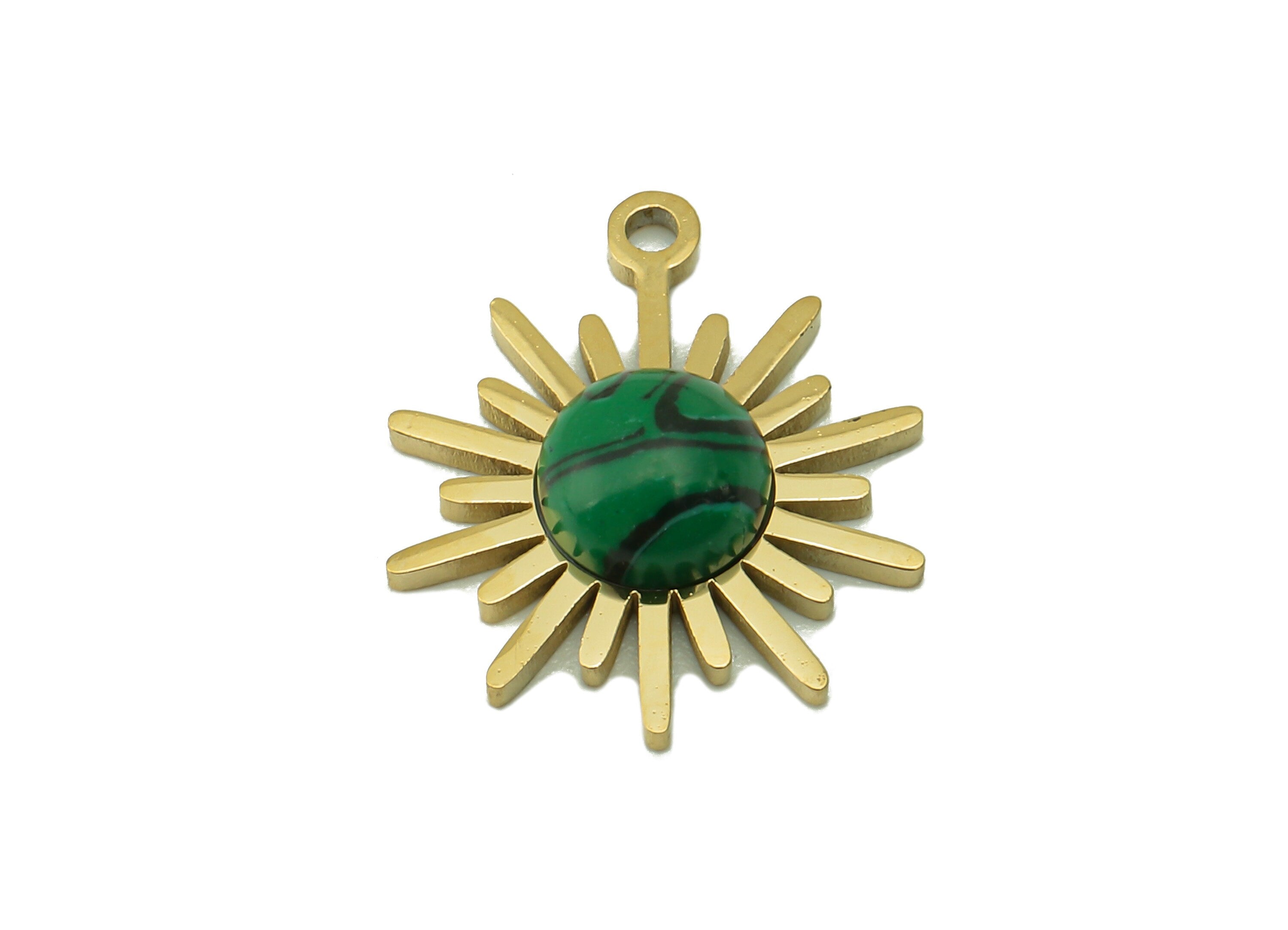 Brass Round Earring Charm - Brass Malachite Gemstone Pendant - Sunshine Natural Stone Earring - 18K Real Gold Plated -16x14.3x3.84mm-RGP6624 - DOMEDBAZAAR