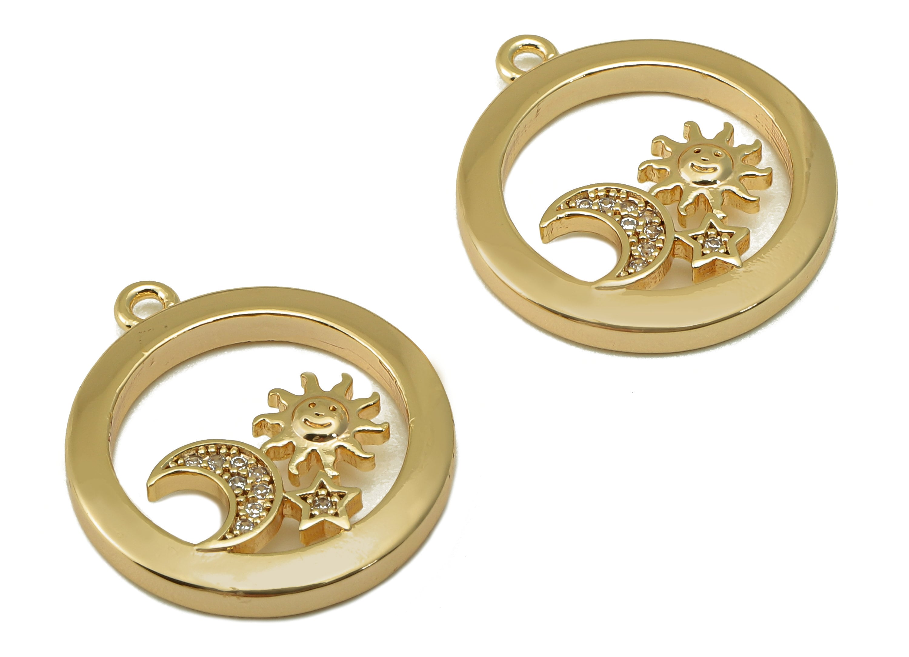 Brass Round Earring Charm - Brass Cubic Zircon Sun Crescent Pendant-CZ Gold Hollow Crescent Earring-18K Real Gold Plated-20x18x2.5mm-RGP6637 - DOMEDBAZAAR