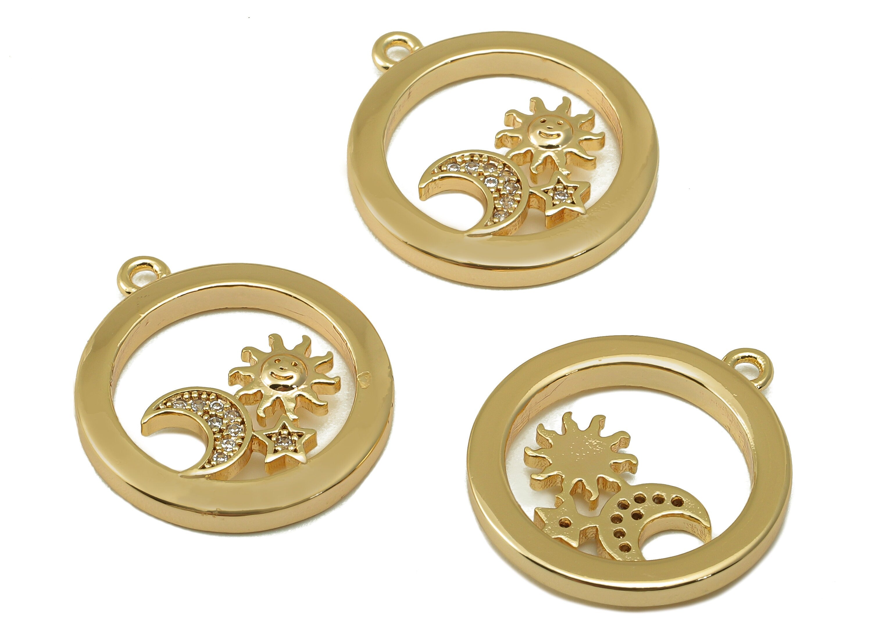 Brass Round Earring Charm - Brass Cubic Zircon Sun Crescent Pendant-CZ Gold Hollow Crescent Earring-18K Real Gold Plated-20x18x2.5mm-RGP6637 - DOMEDBAZAAR