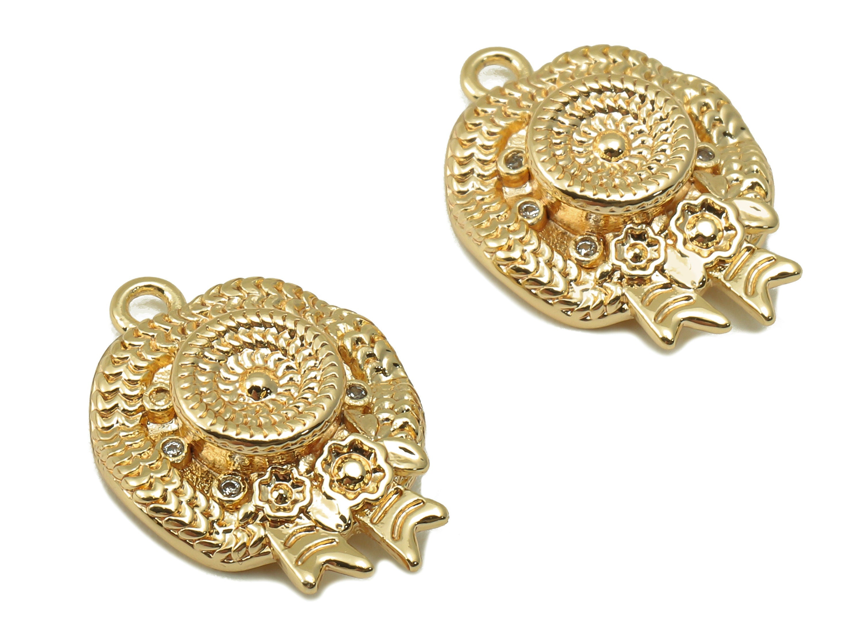 Brass Round Hat Earring Charm - Brass Gold Round Pendant - Cubiz Zircon Hat Earring -18K Real Gold Plated Brass - 19.6x14x 4.65mm-RGP6639 - DOMEDBAZAAR