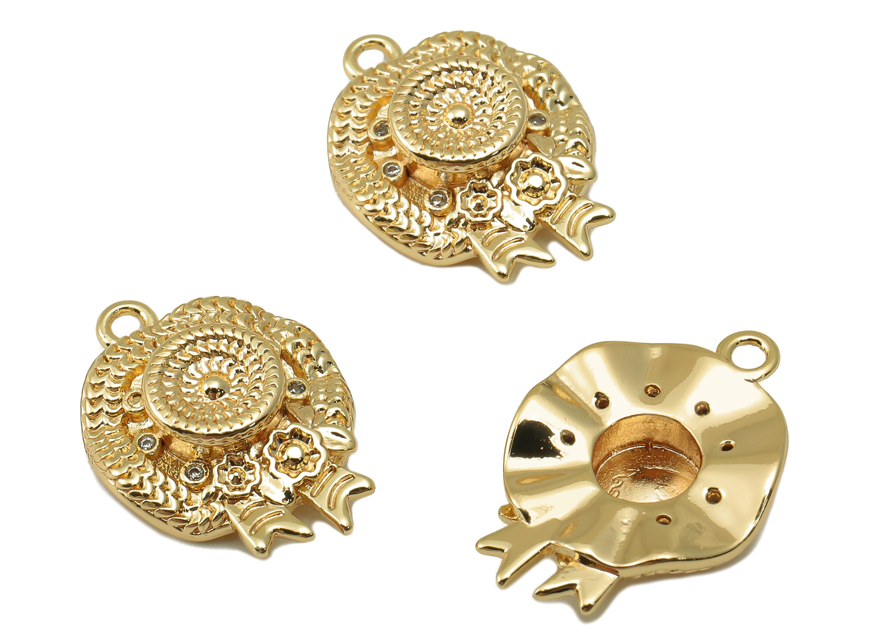 Brass Round Hat Earring Charm - Brass Gold Round Pendant - Cubiz Zircon Hat Earring -18K Real Gold Plated Brass - 19.6x14x 4.65mm-RGP6639 - DOMEDBAZAAR