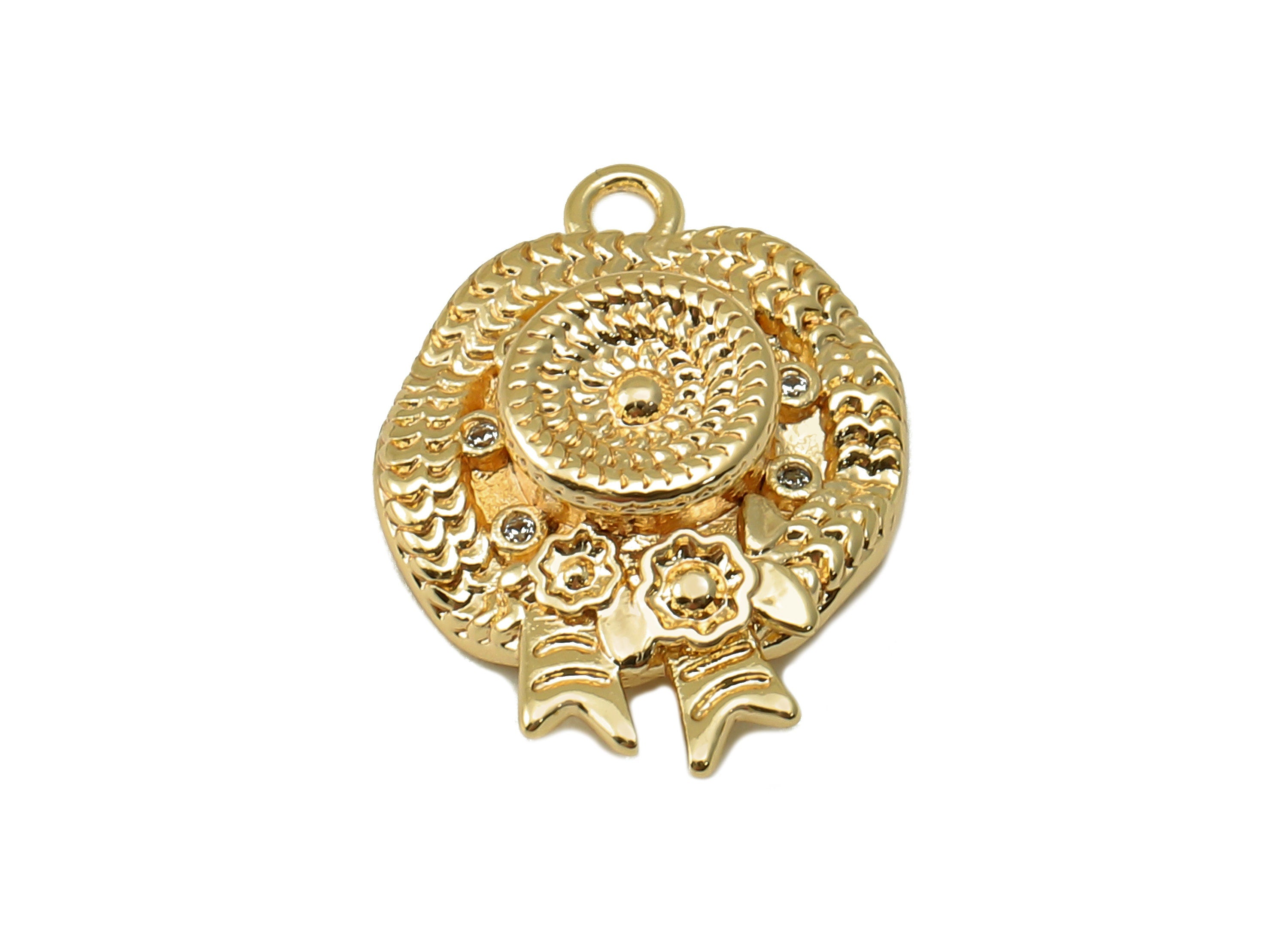 Brass Round Hat Earring Charm - Brass Gold Round Pendant - Cubiz Zircon Hat Earring -18K Real Gold Plated Brass - 19.6x14x 4.65mm-RGP6639 - DOMEDBAZAAR