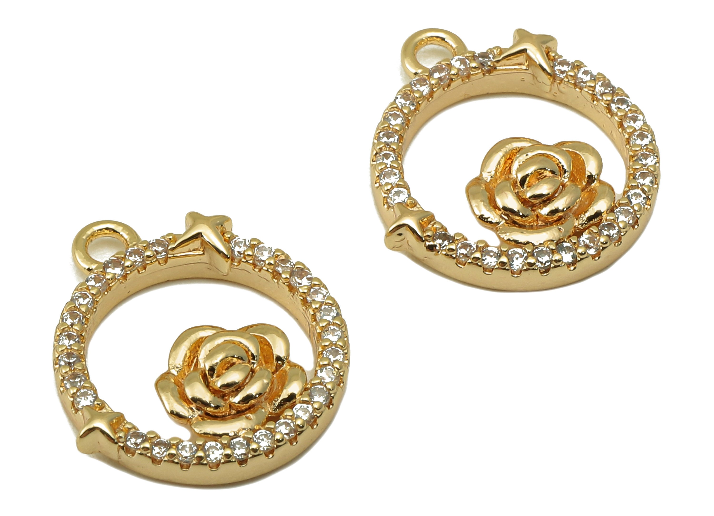 Brass Circle Earring Charm - Brass Cubic Zircon Roes Star Pendant - CZ Gold Hollow Flower Earring-18K Real Gold Plated-15x13.6x2.8mm-RGP6640 - DOMEDBAZAAR