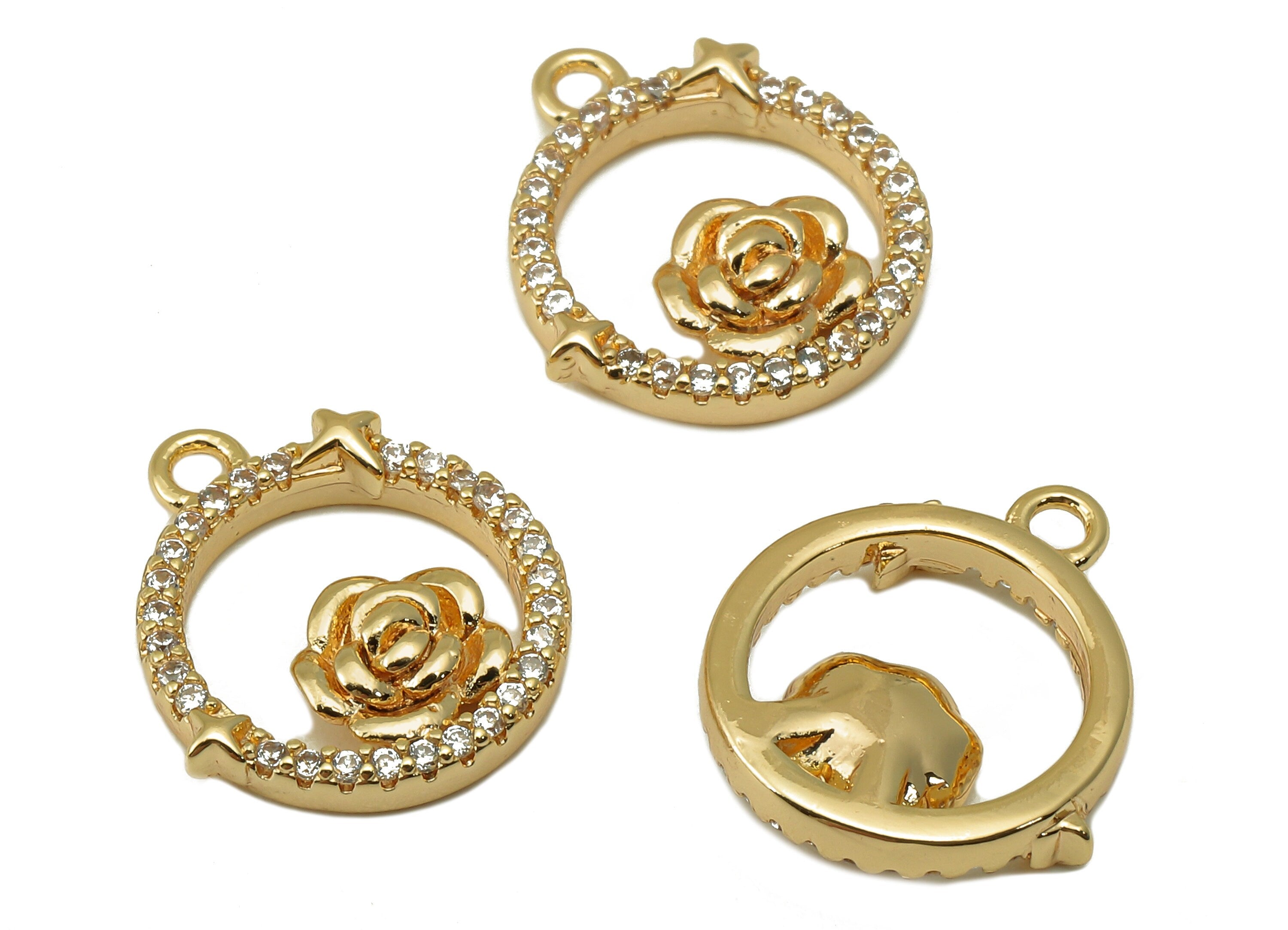 Brass Circle Earring Charm - Brass Cubic Zircon Roes Star Pendant - CZ Gold Hollow Flower Earring-18K Real Gold Plated-15x13.6x2.8mm-RGP6640 - DOMEDBAZAAR