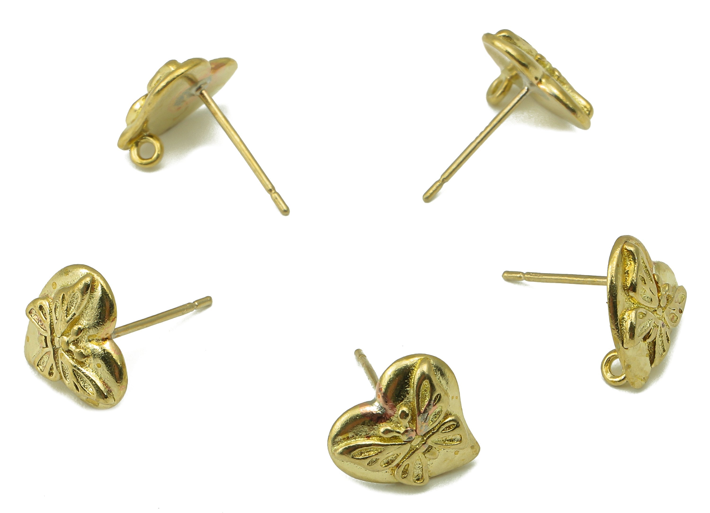 Raw Brass Heart Stud Earring - Brass Carved Butterfly Earring Post With a Loop- Earring Post -Jewelry Making- 10x11mmx2mm- PP8372 - DOMEDBAZAAR