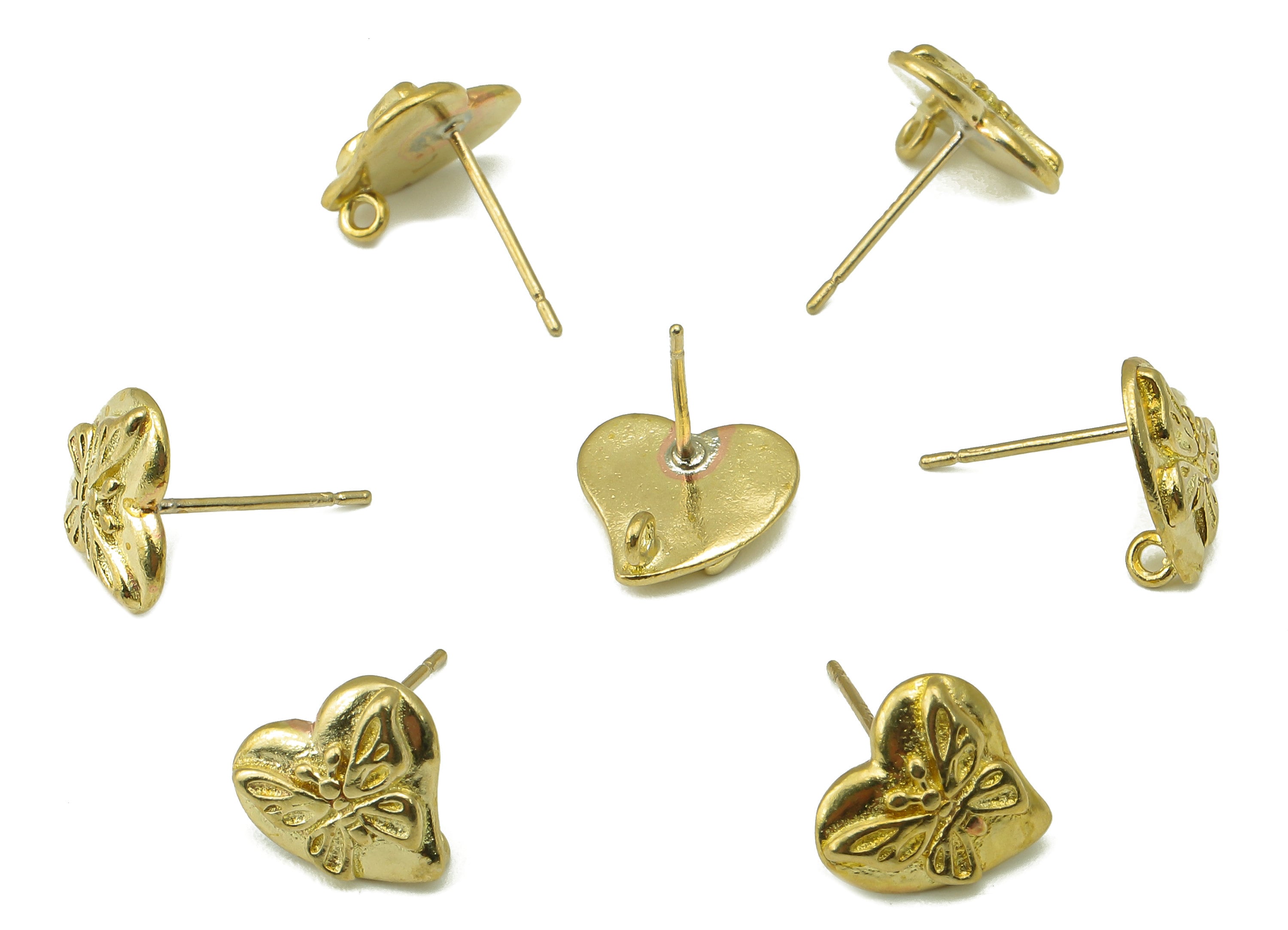Raw Brass Heart Stud Earring - Brass Carved Butterfly Earring Post With a Loop- Earring Post -Jewelry Making- 10x11mmx2mm- PP8372 - DOMEDBAZAAR