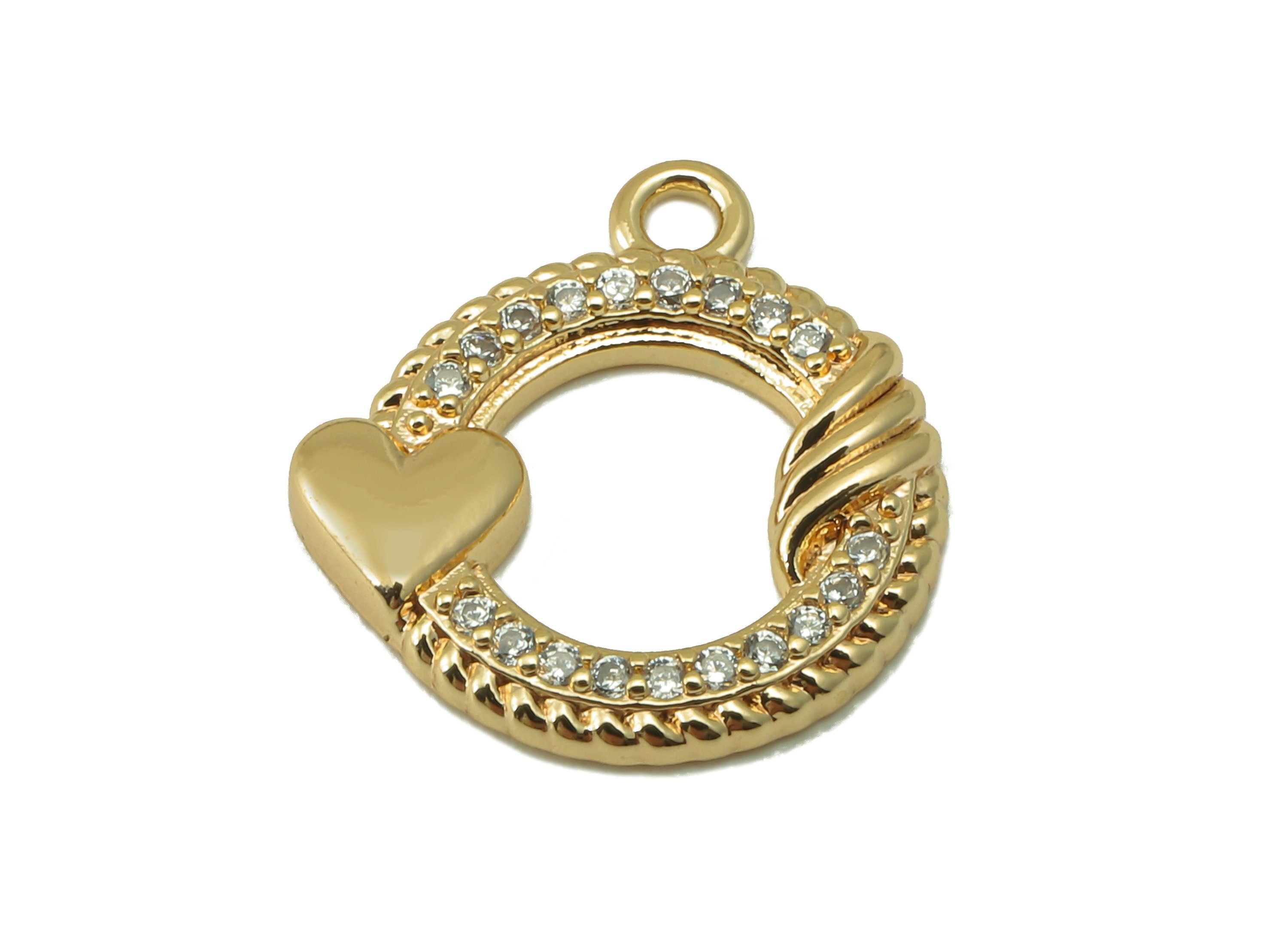 Brass Circle Earring Charm - Brass Cubic Zircon Heart Pendant - CZ Gold Hollow Circle Heart Earring-18K Real Gold Plated-15x14x1.9mm-RGP6643 - DOMEDBAZAAR