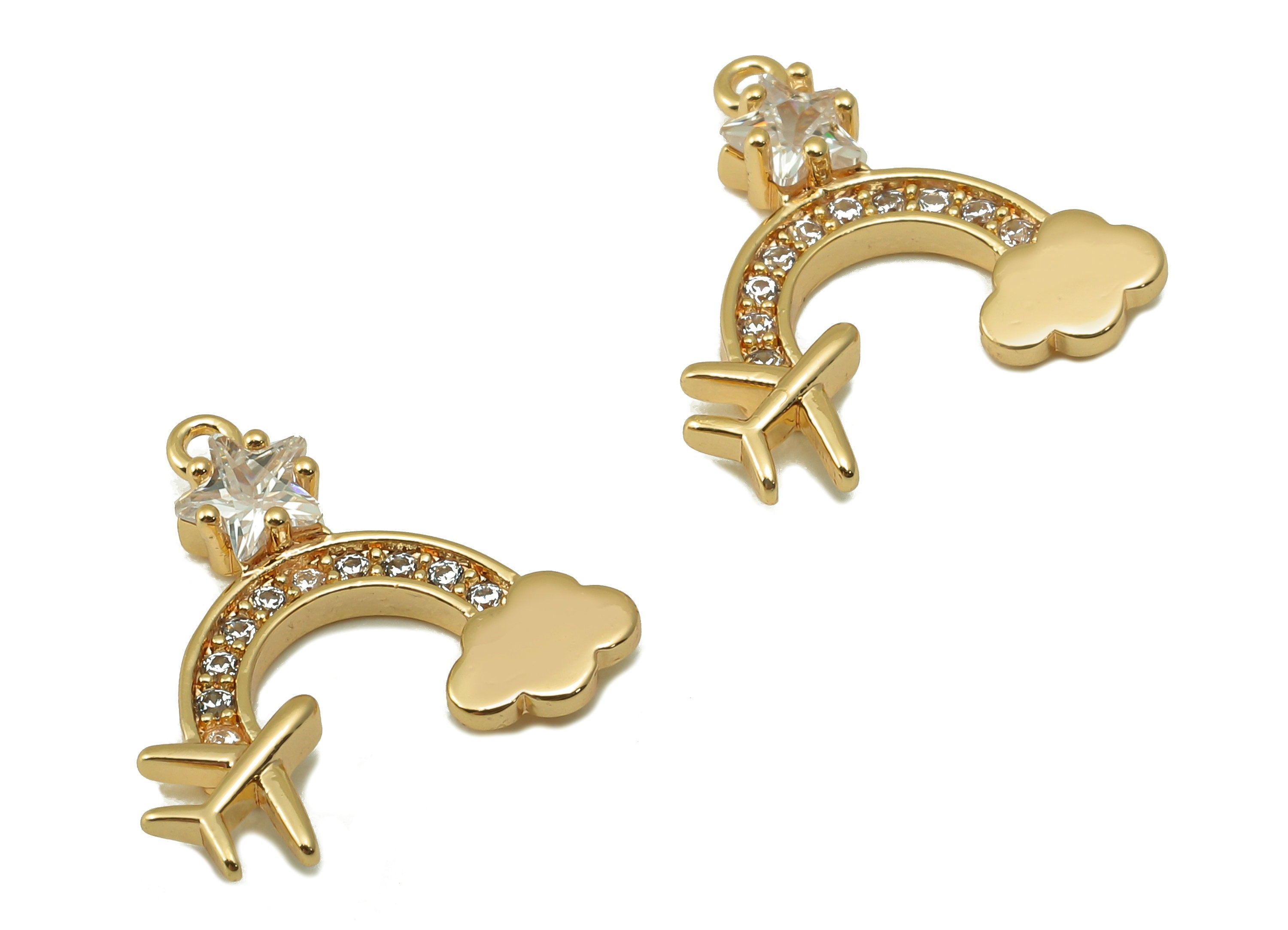 Brass Crescent Earring Charm - Brass Cubic Zircon Airpot Clouds Pendant - CZ Gold Star Earring -18K Real Gold Plated-15x15.5x 3.12mm-RGP6645 - DOMEDBAZAAR