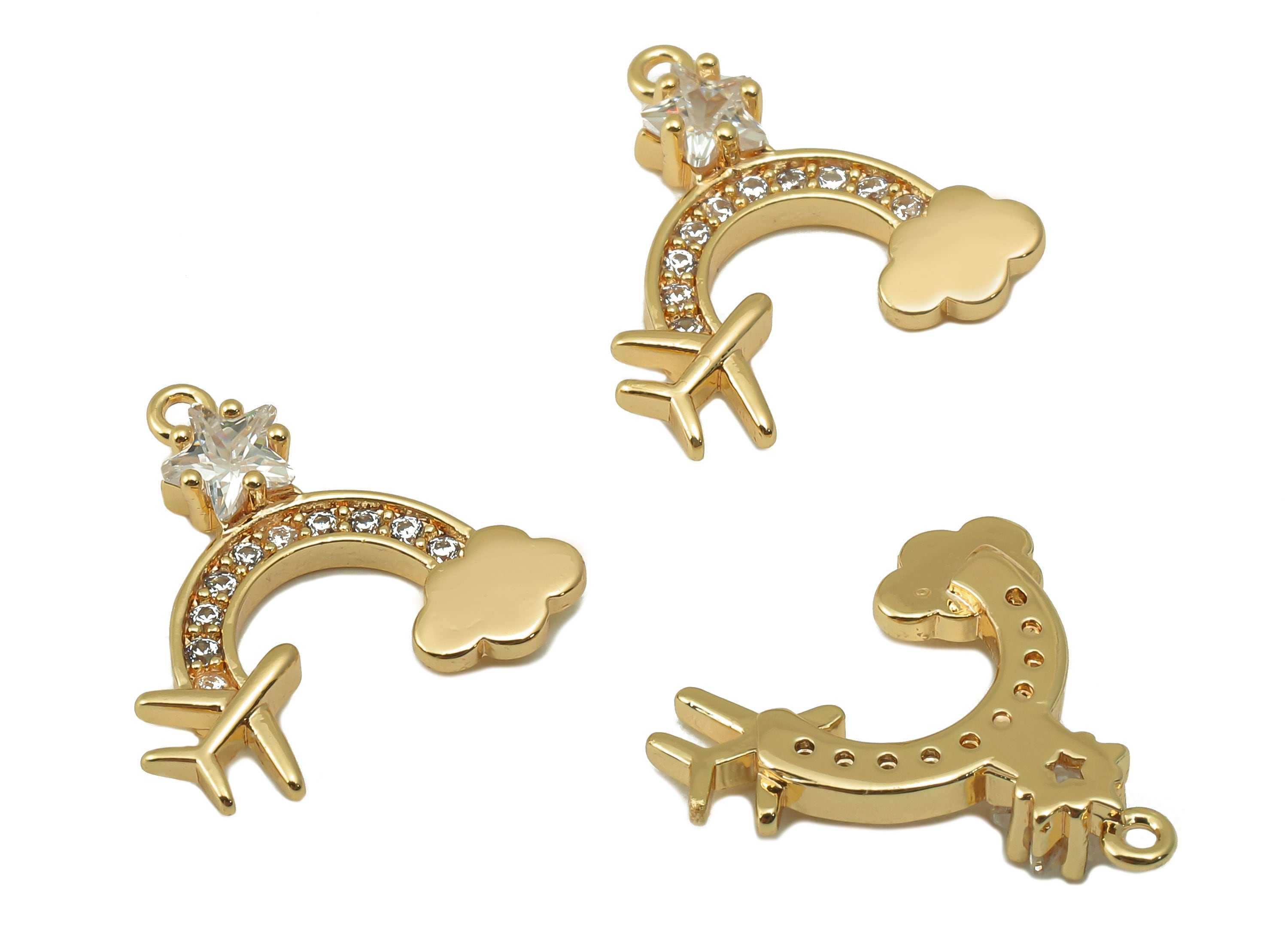 Brass Crescent Earring Charm - Brass Cubic Zircon Airpot Clouds Pendant - CZ Gold Star Earring -18K Real Gold Plated-15x15.5x 3.12mm-RGP6645 - DOMEDBAZAAR